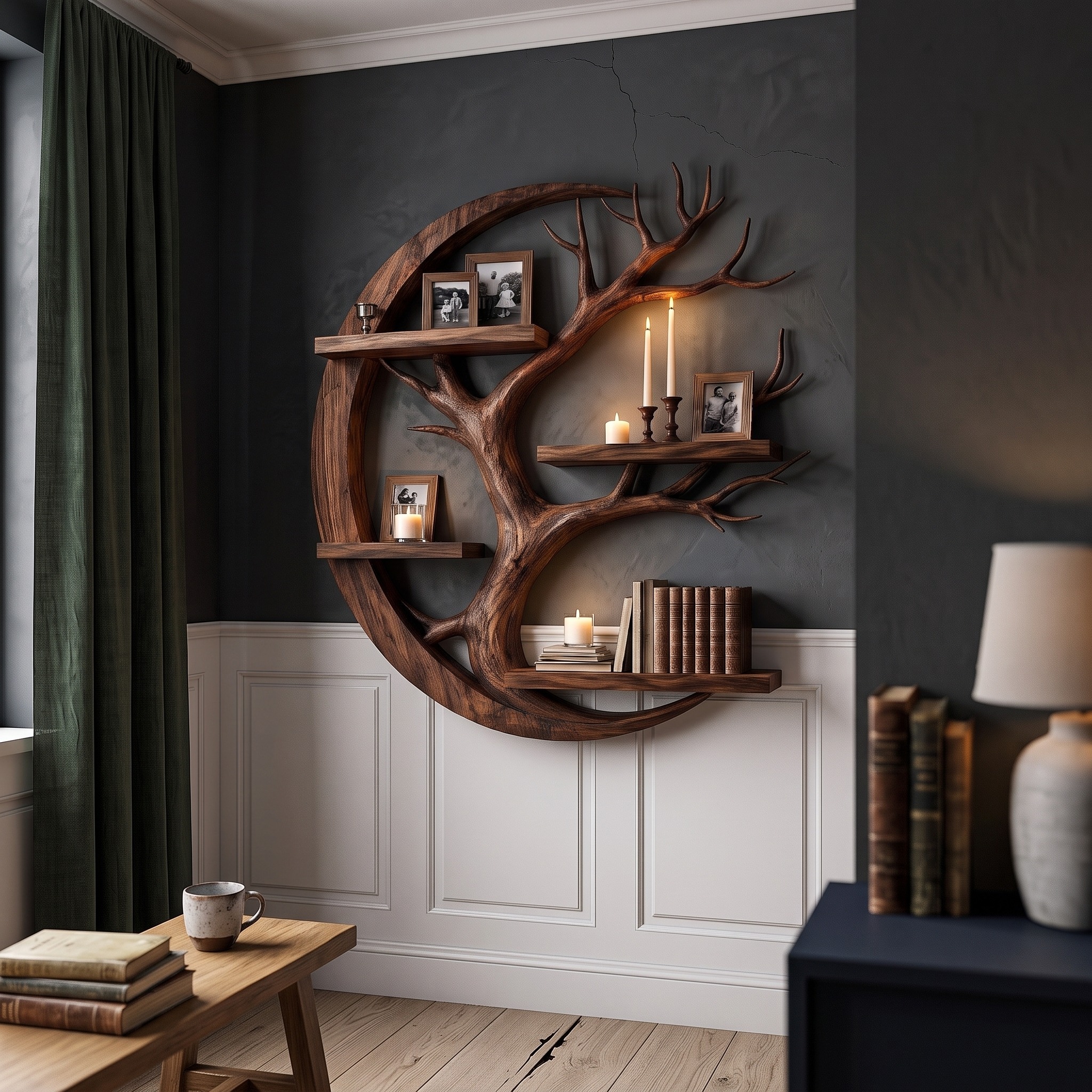 Rustic Floating Shelf with Tree Branch Wall Display for Living Room and Entryway