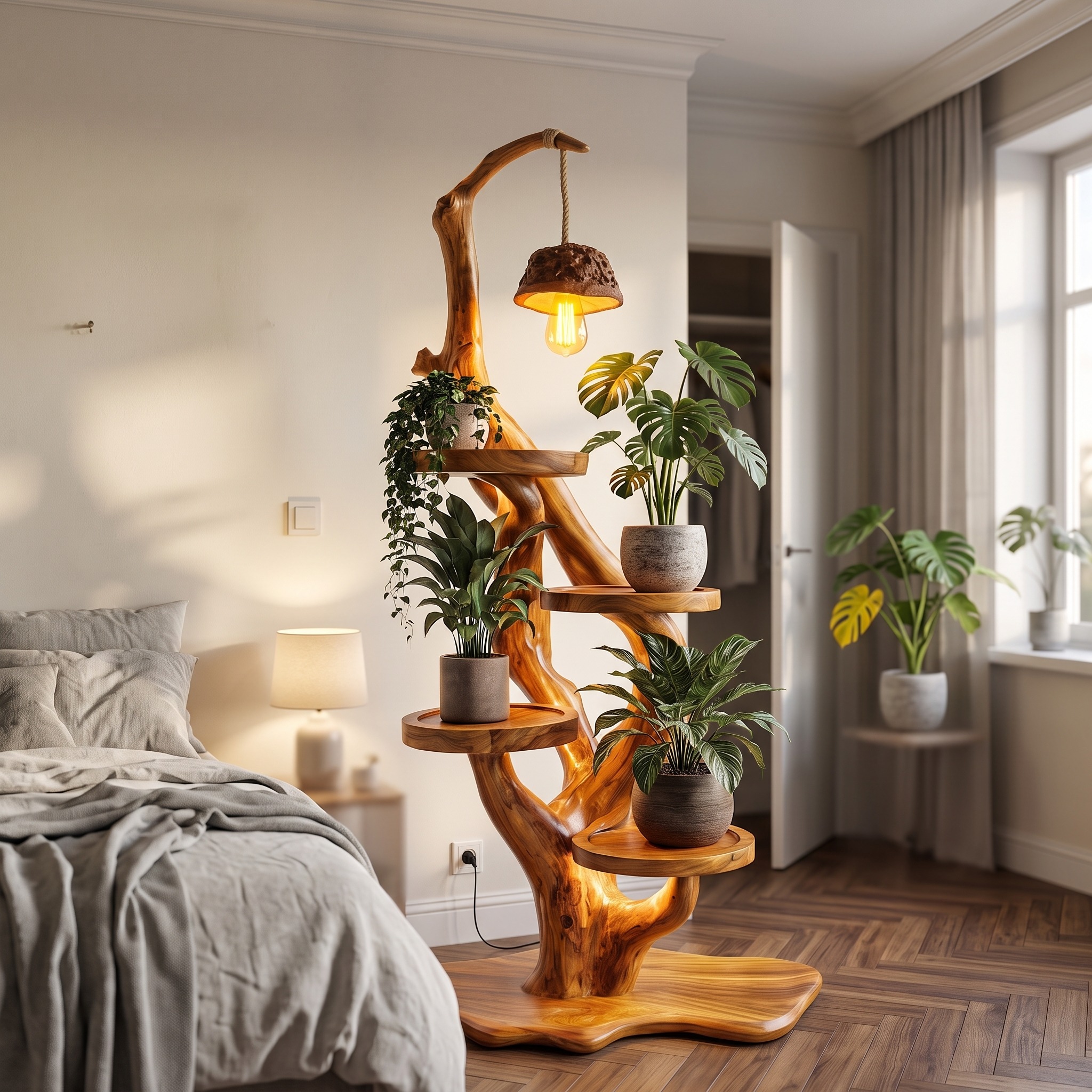 Rustic Halloween Tree Plant Stand with Hanging Lamp for Living Room