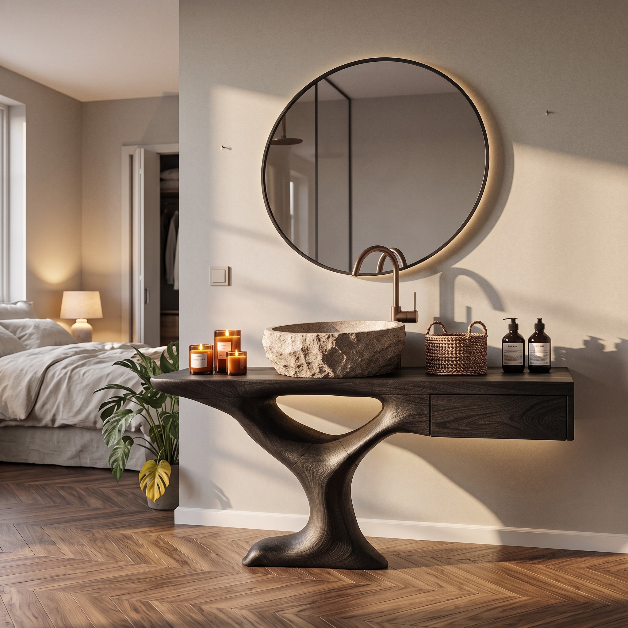 Rustic Halloween Vessel Sink Vanity with Sculptural Tree Frame for Bathroom