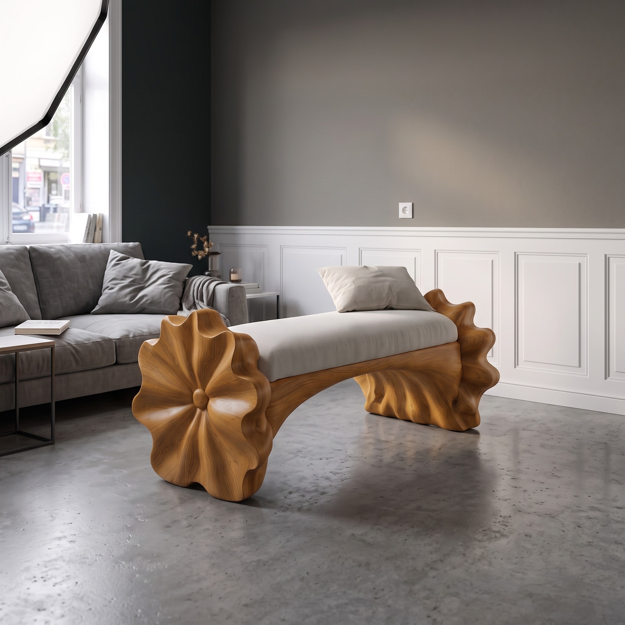 Rustic Halloween Wooden Bench with Conch Inspired Sculptural Base for Hallway