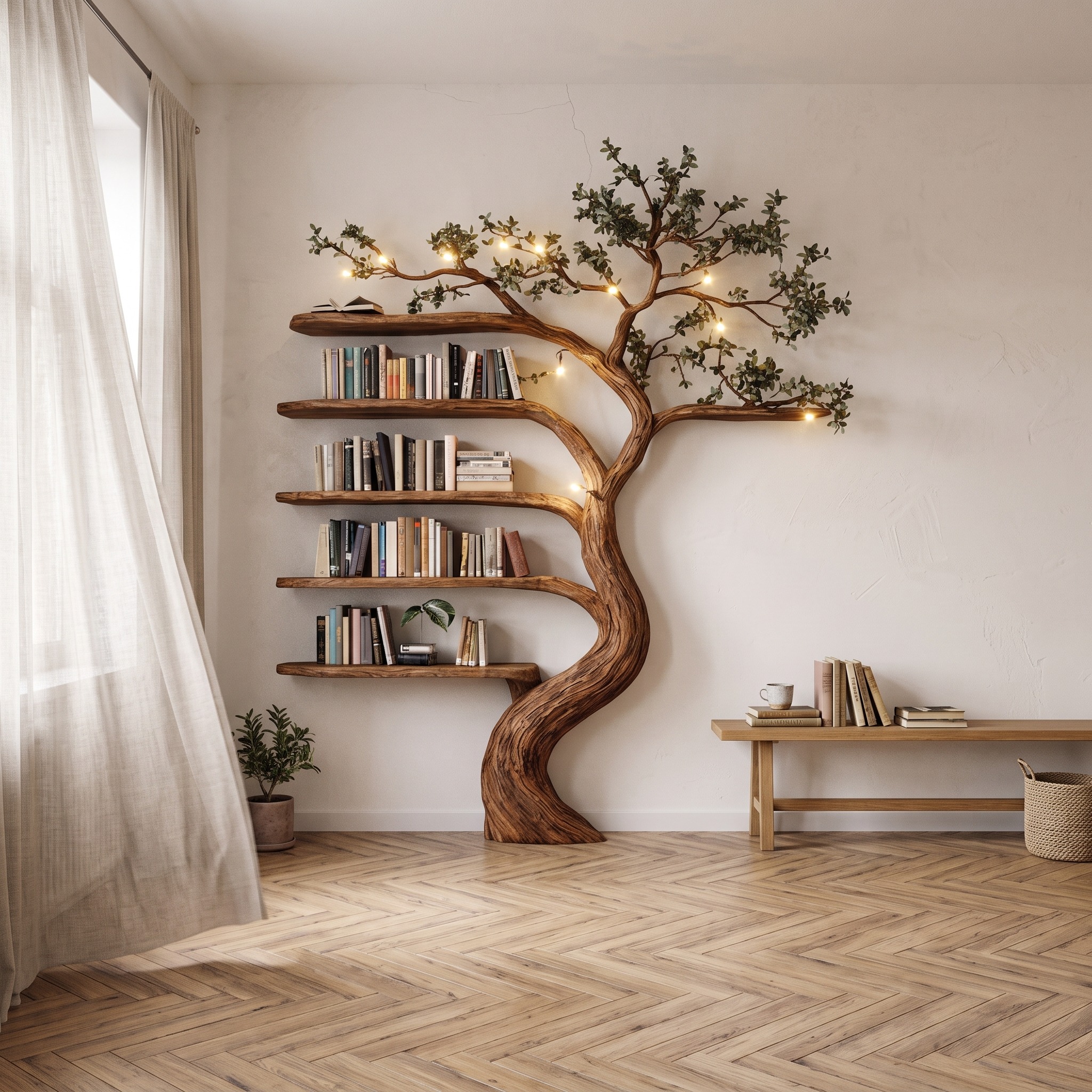 Rustic Hand Carved Tree Bookshelf Artistic Storage for Living Room