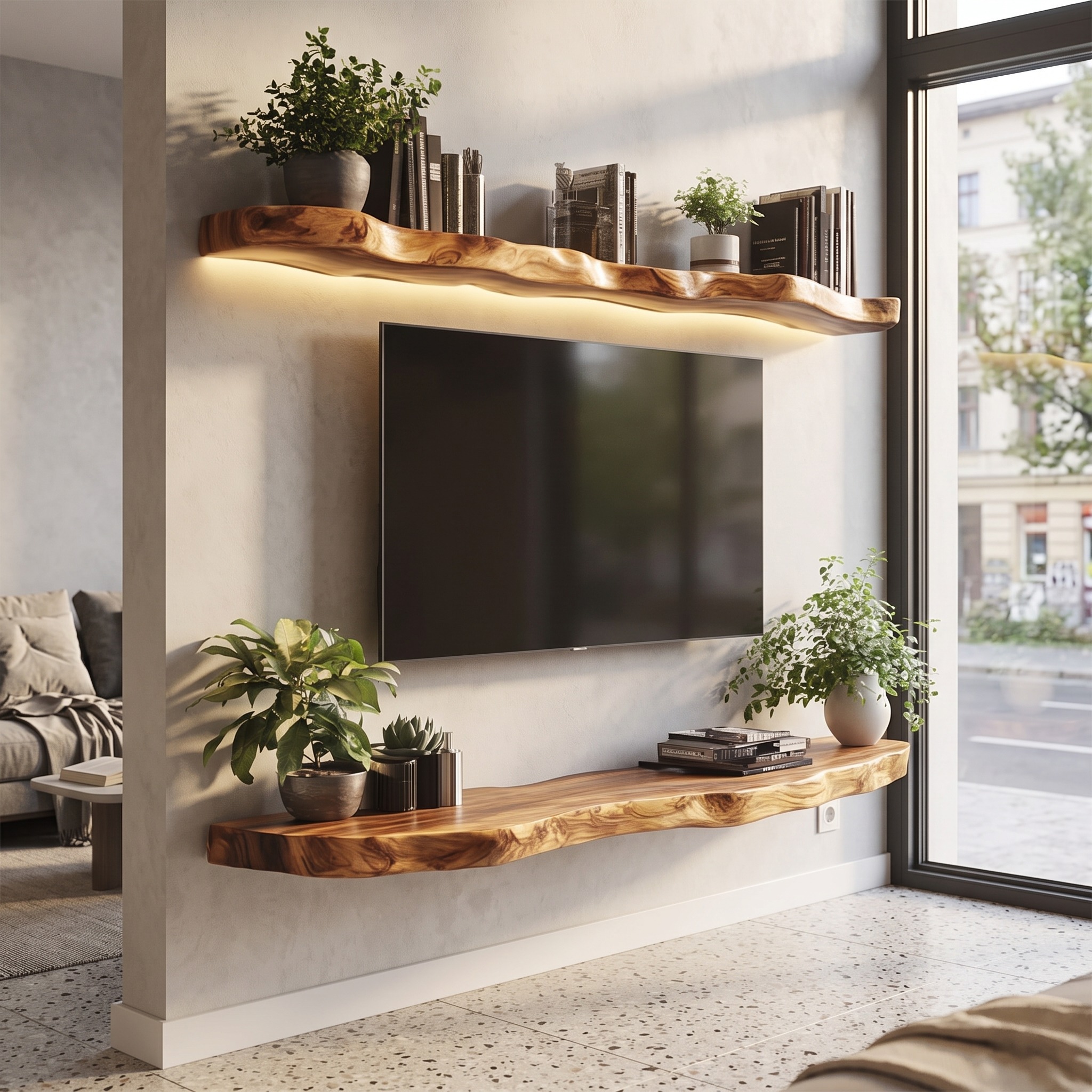Rustic Handcrafted Live Edge Media TV Shelf Solid Wood Living Room Interior Statement Decor