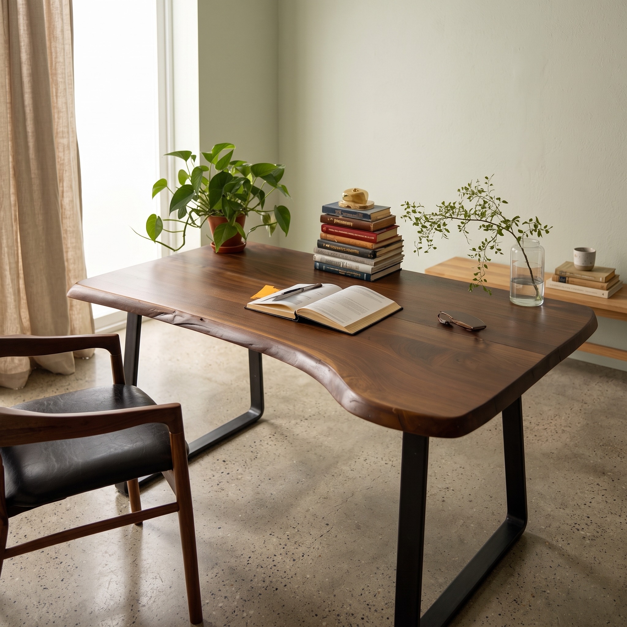 Rustic Handcrafted Live Edge Writing Desk with Sleek Metal Legs for Home Office or Study Corner