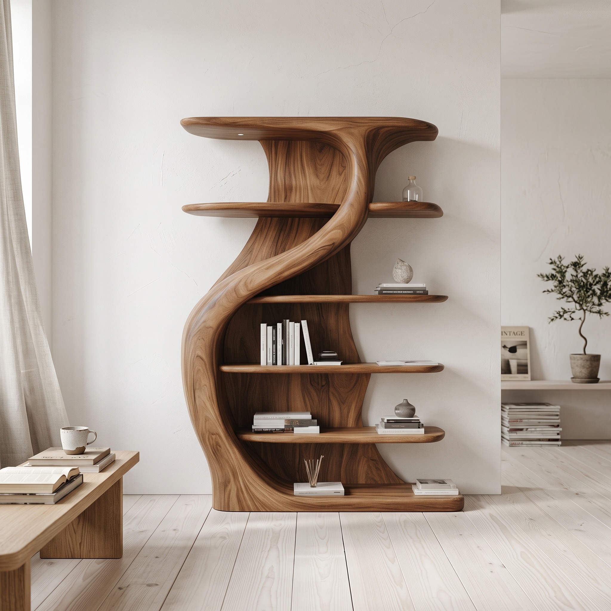 Rustic Handcrafted S Shape Wooden Cabinet Solid Wood Living Room Interior Feature Decor