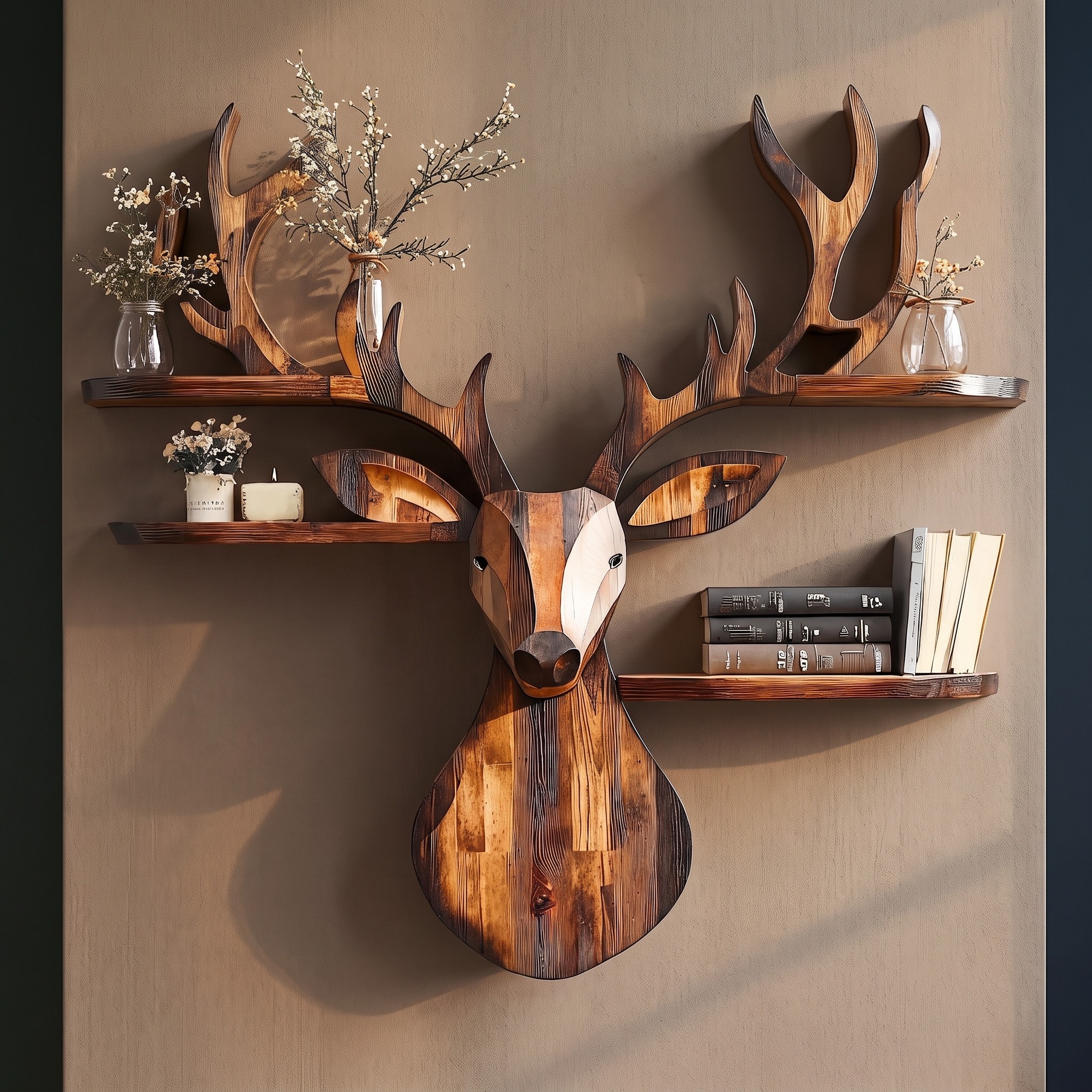 Rustic Handcrafted Wood Deer Shelf for Living Room Decor