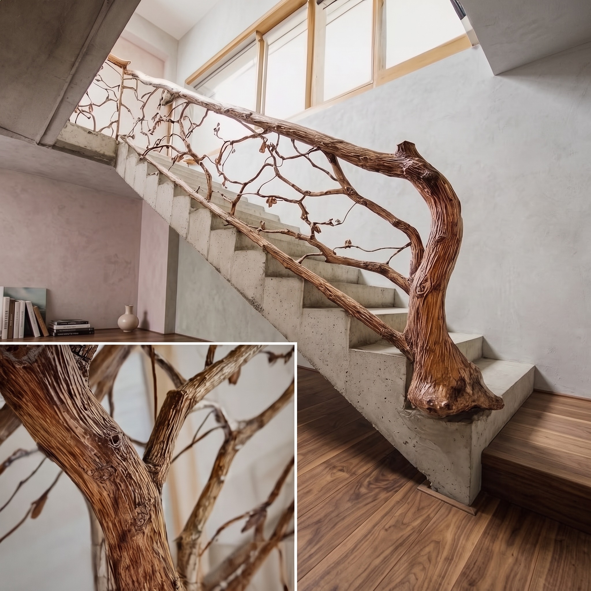 Rustic Handcrafted Wooden Stair Railing Entryway