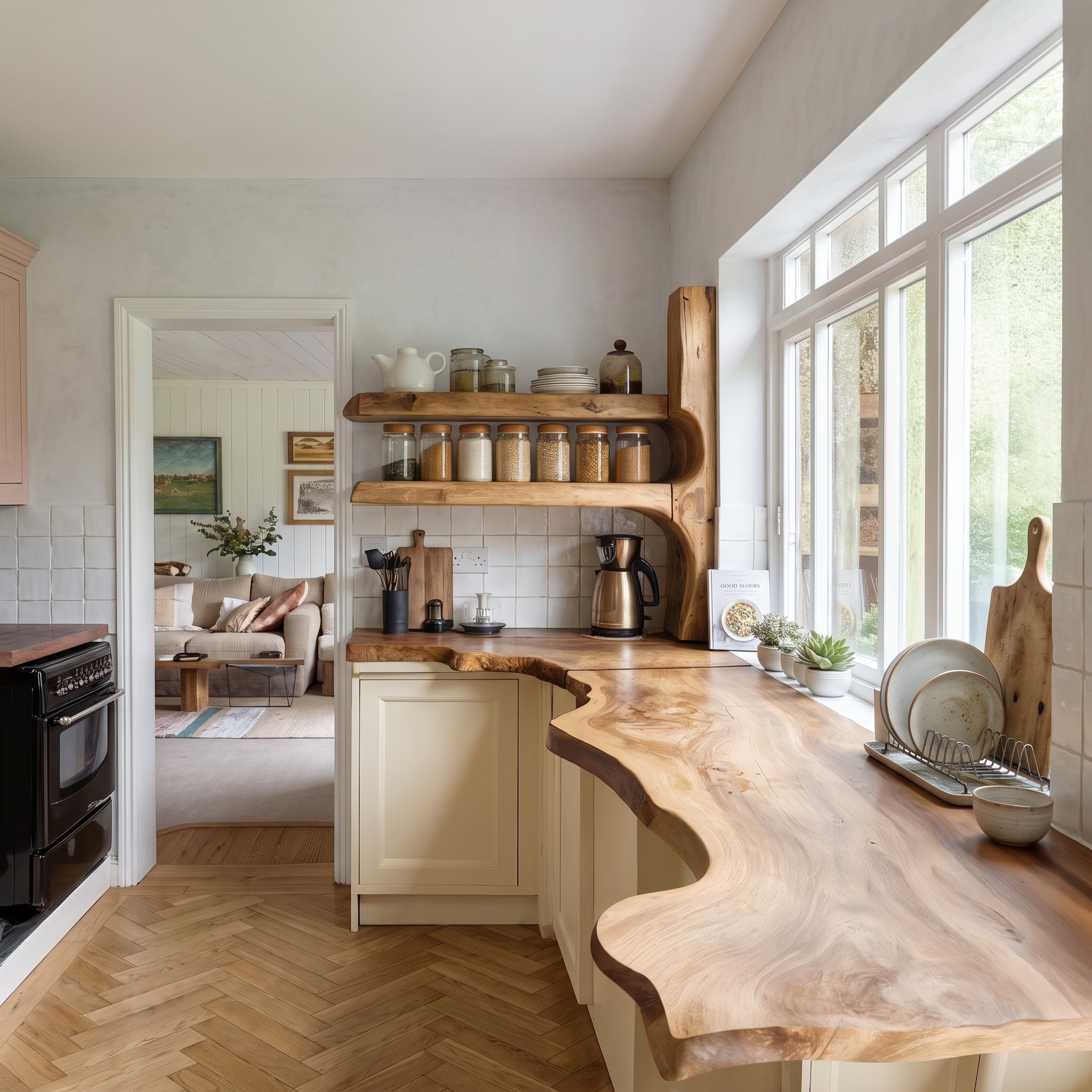Rustic Handmade Live Edge Kitchen Counter and Floating Shelves for Cozy Pantry Setup