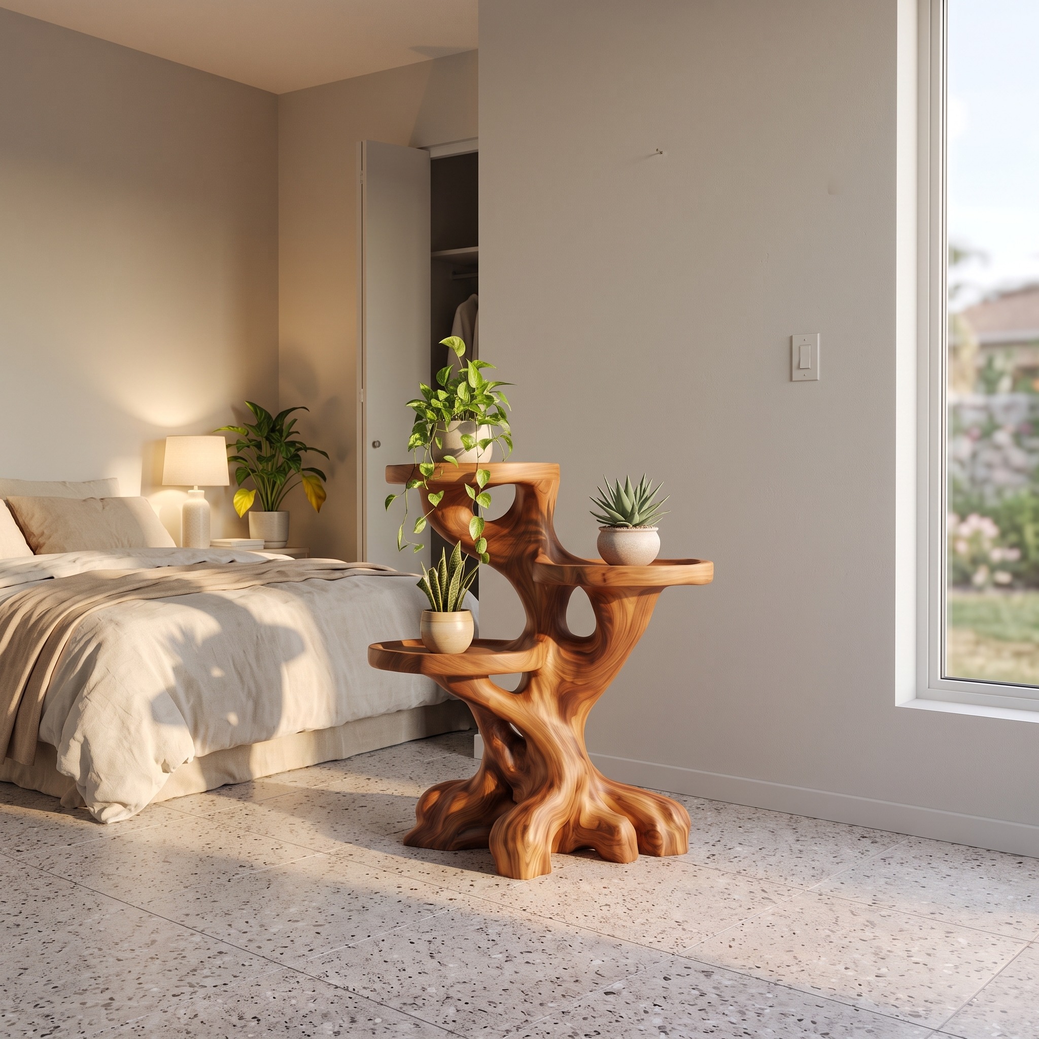 Rustic Indoor Plant Shelf with Tree Root Inspired Design for Living Room and Hallway