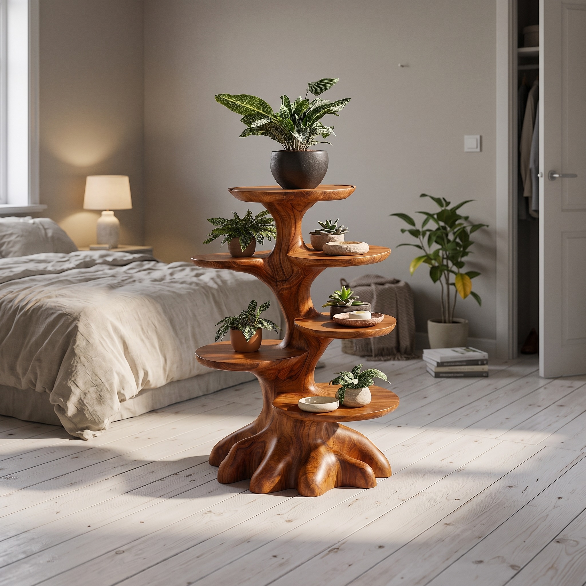 Rustic Indoor Plant Stand with Tree Stump Form for Sunroom and Patio