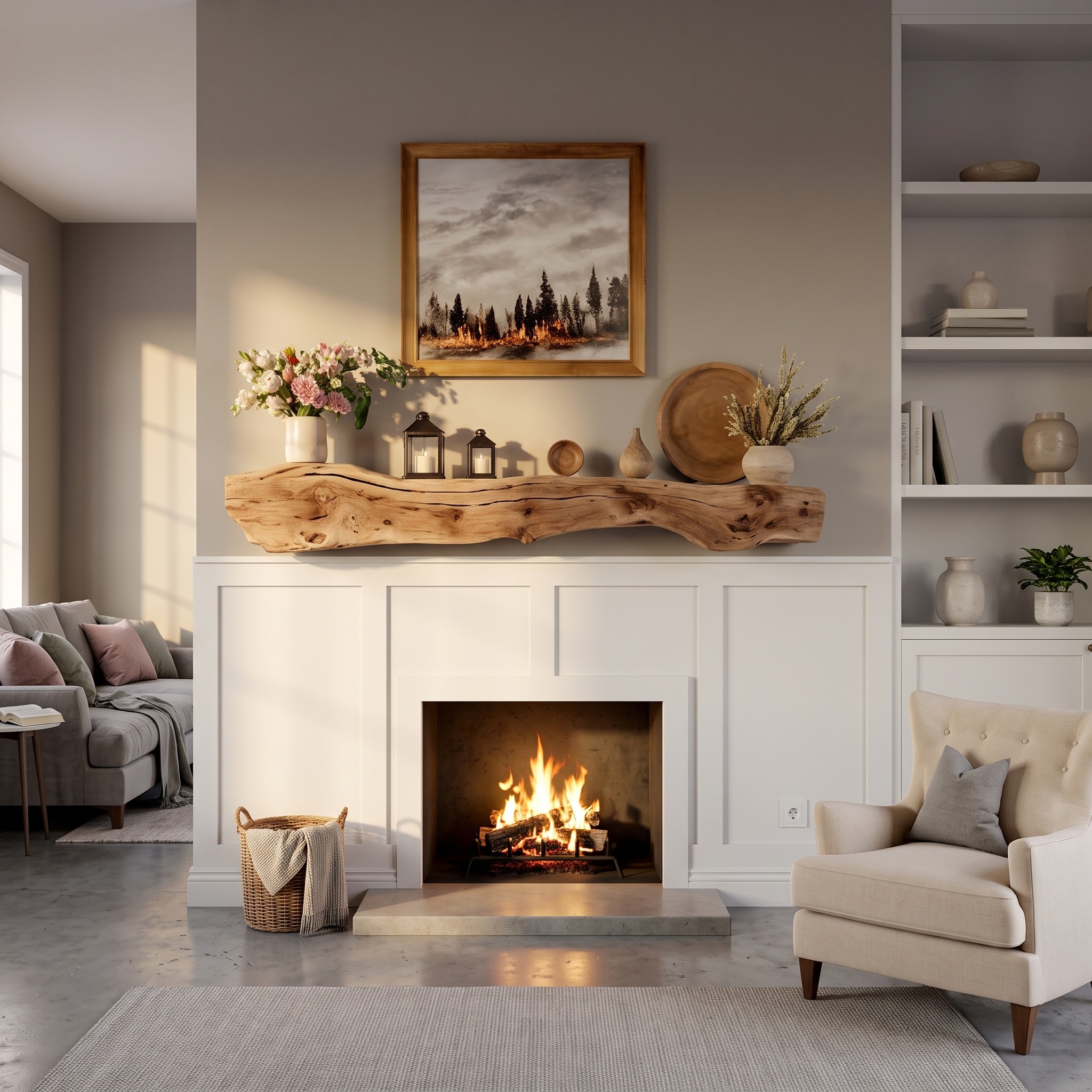 Rustic Interior Design Fireplace Wood Paneling in Living Room and Family Room