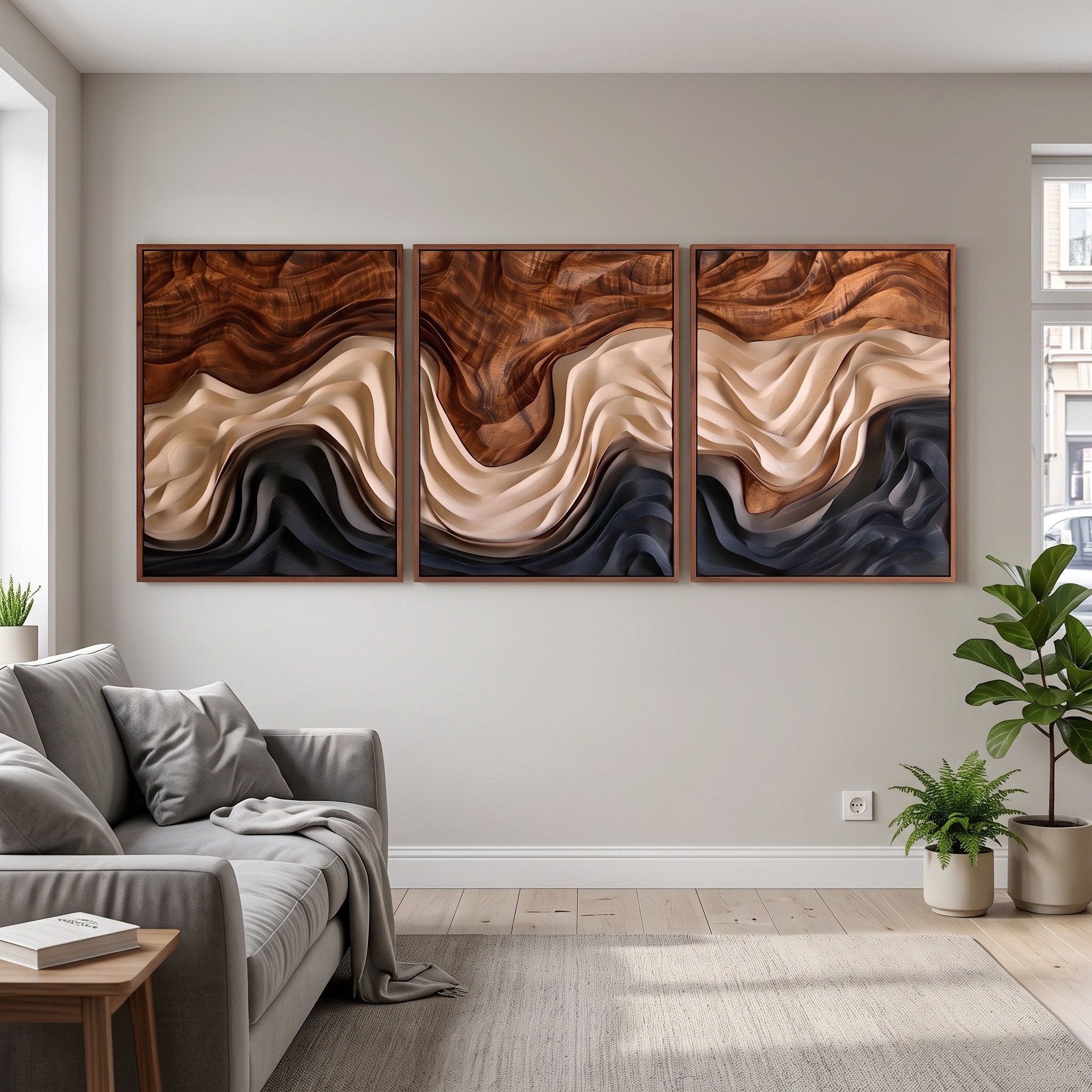 Rustic Layered Wave Triptych Wood Wall Art Spa