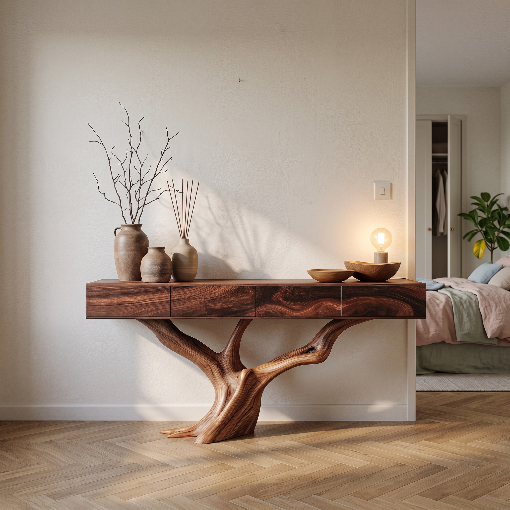 Rustic Live Edge Console Table with Sculptural Tree Branch Base, Solid Wood Entryway Sofa Table for Hallway Living Room Foyer