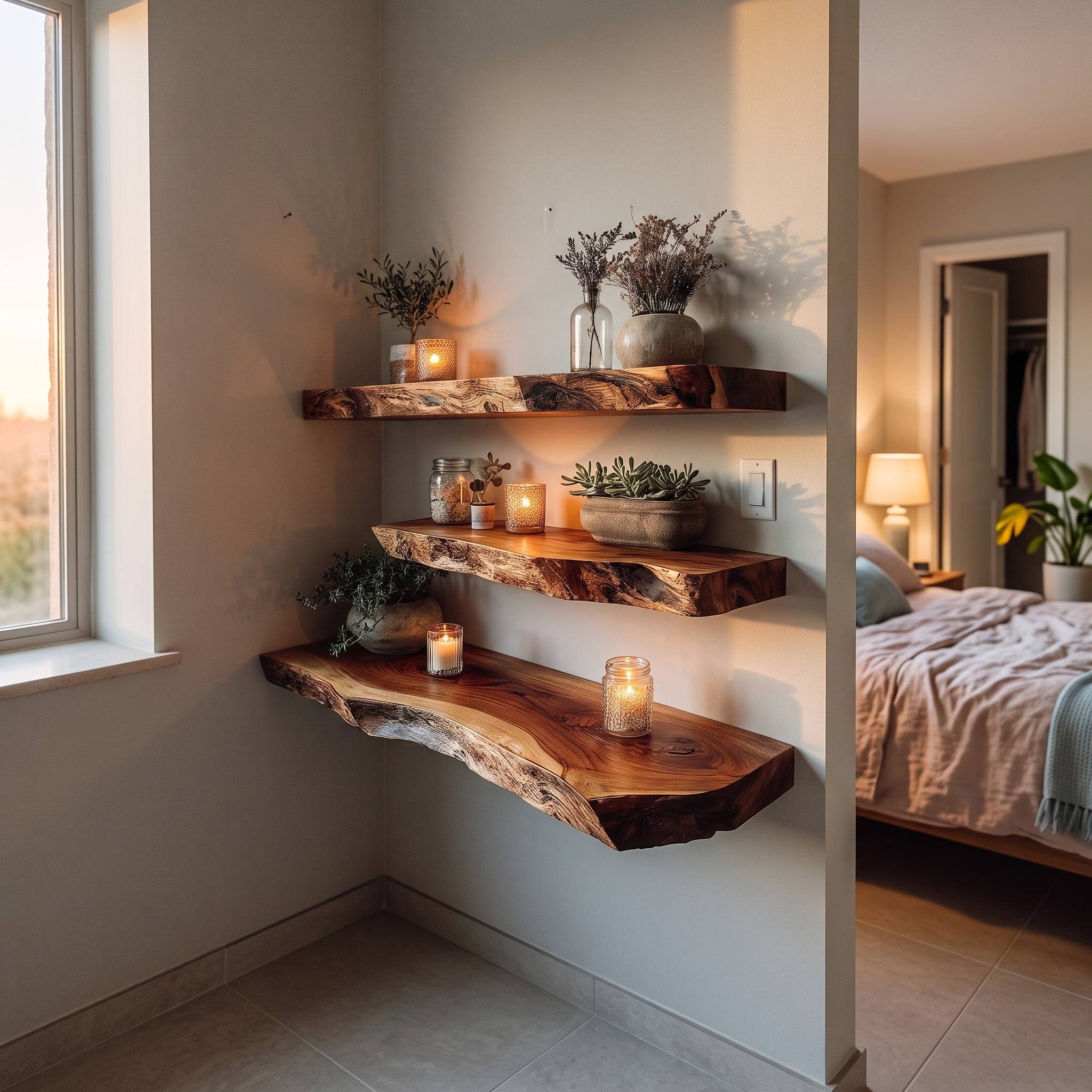 Rustic Live Edge Corner Floating Shelf Living Room