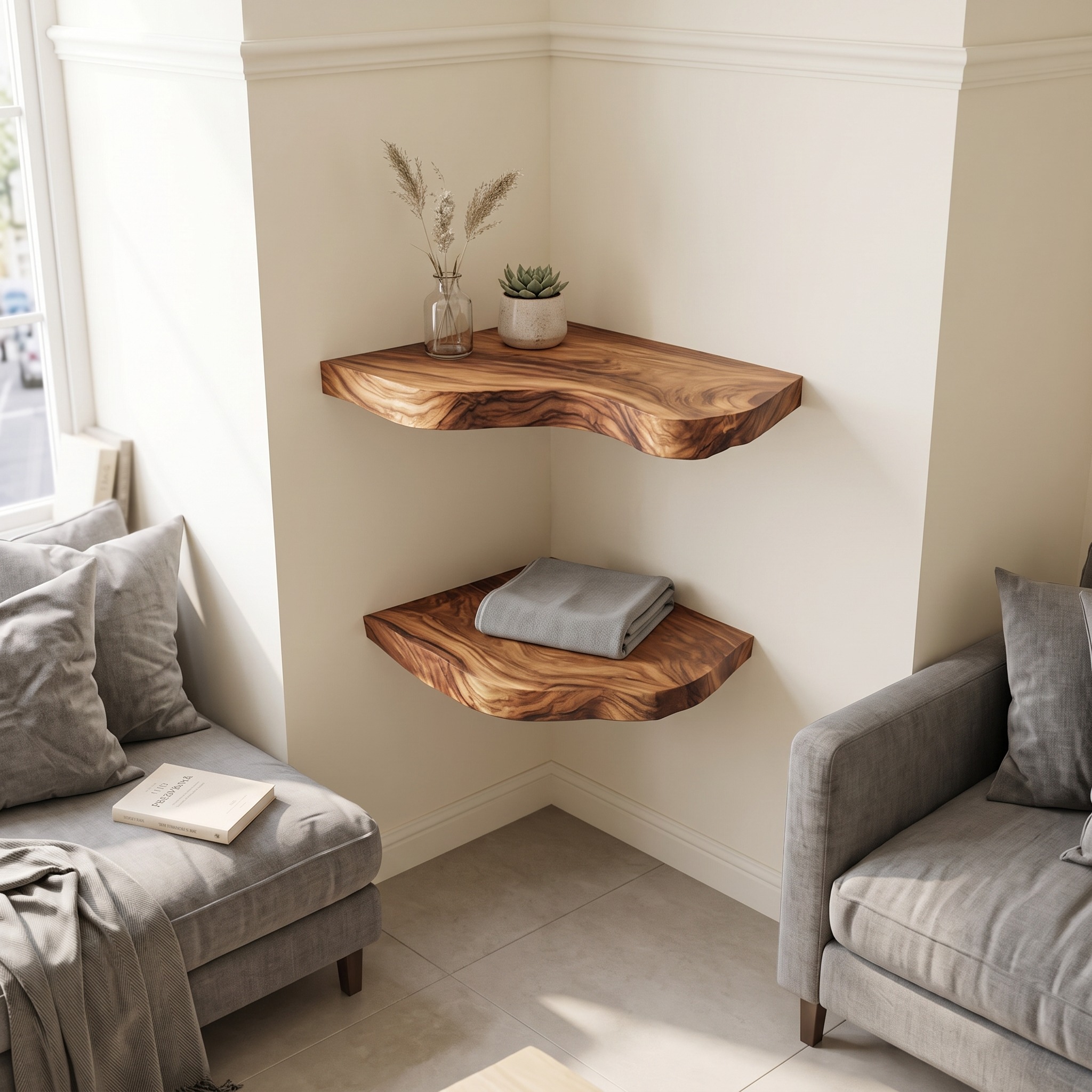 Rustic Live Edge Corner Floating Shelves Solid Wood Living Room Interior Display