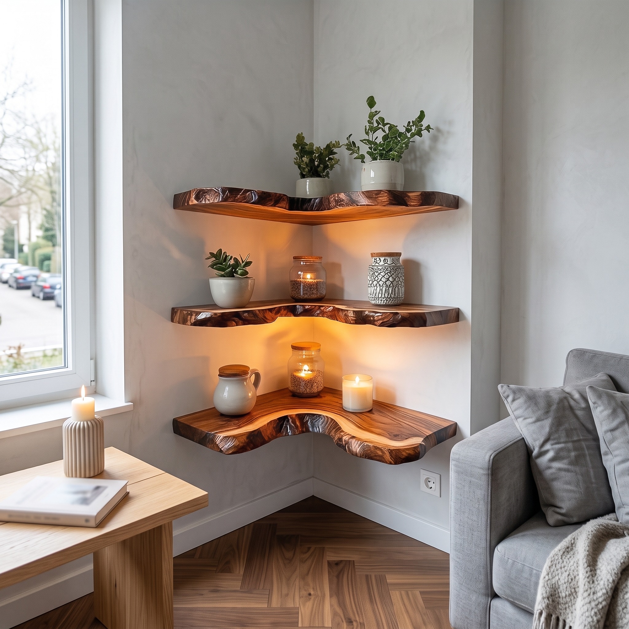 Rustic Live Edge Corner Shelves Solid Wood Living Room Interior Decorative Display