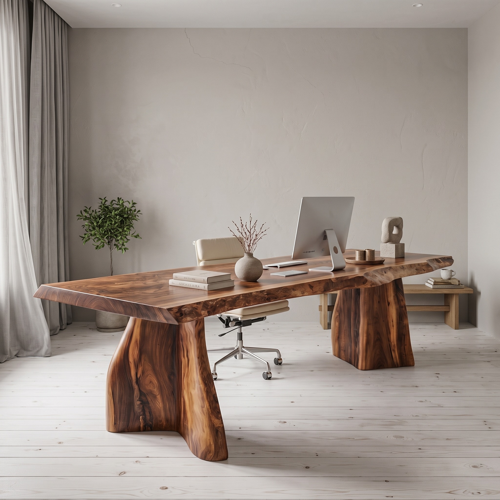 Rustic Live Edge Executive Desk with Sculptural Solid Wood Base for Home Office