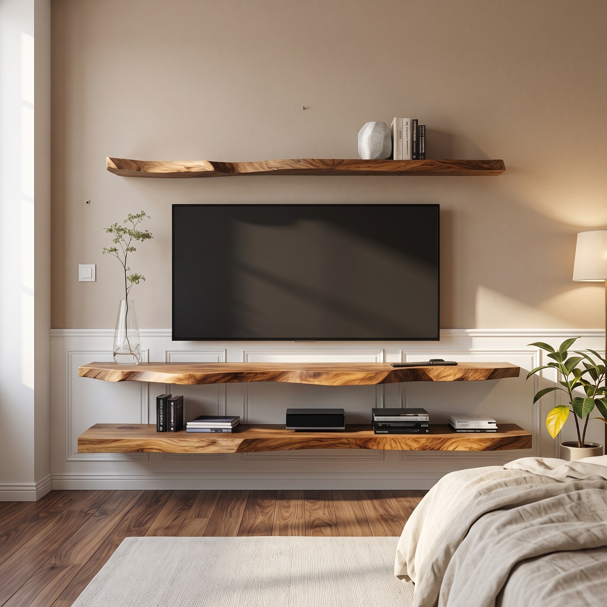 Rustic Live Edge Floating Media Shelf Solid Wood Living Room Interior Wall Mounted - Model SINLKIFL426