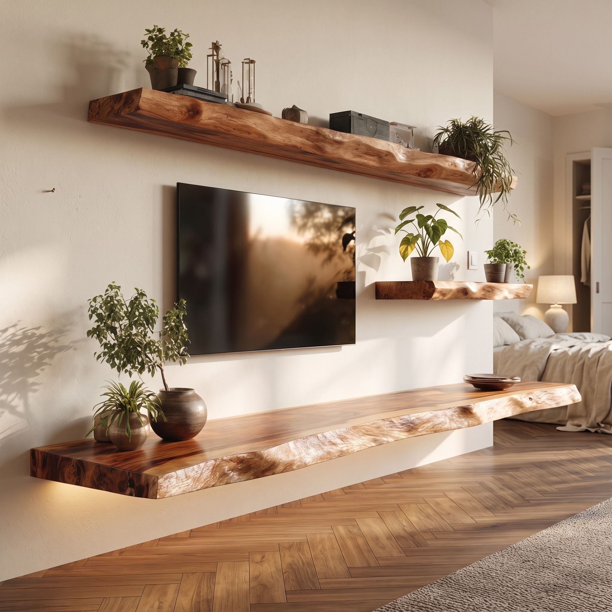Rustic Live Edge Floating Media Shelf Solid Wood Living Room Interior Wall Mounted