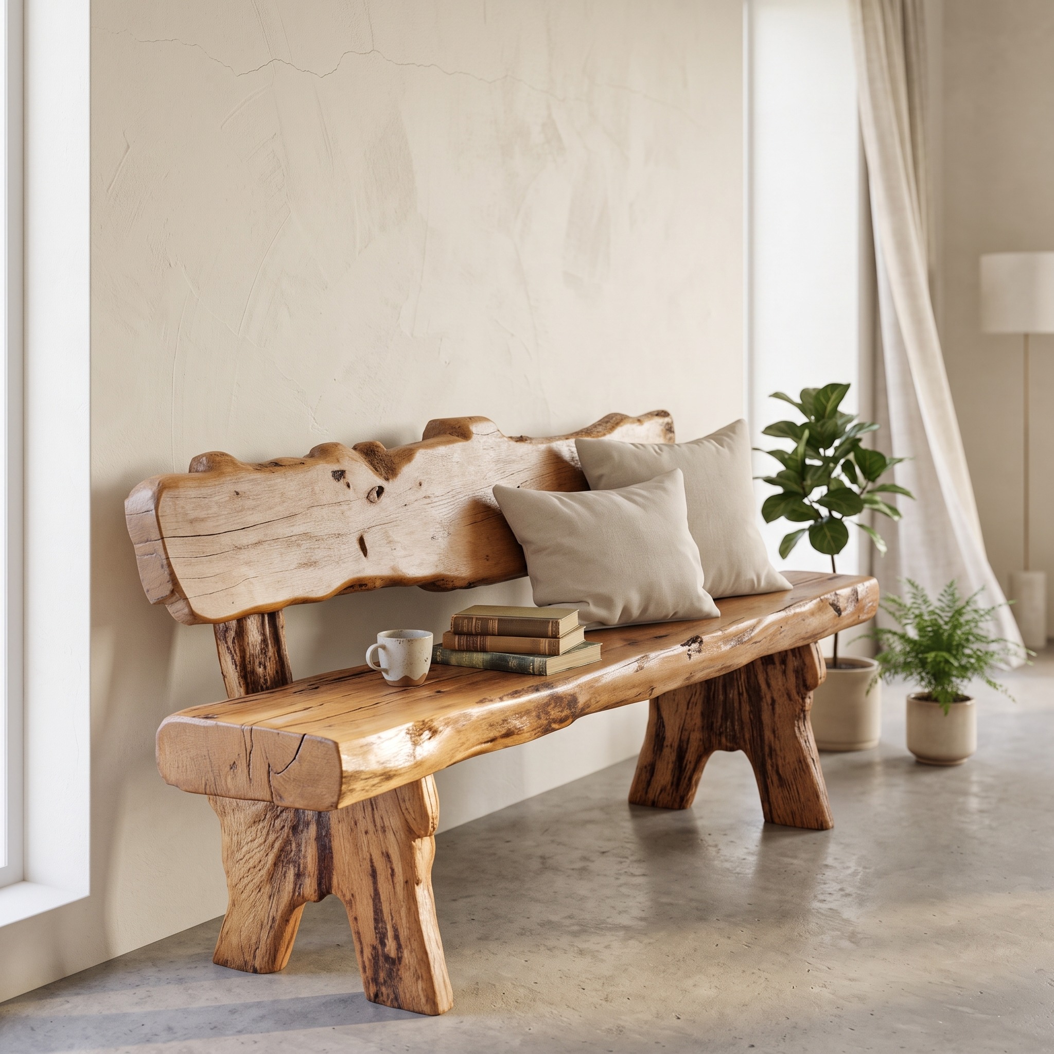 Rustic Live Edge Outdoor Wooden Bench with Backrest for Porch or Garden