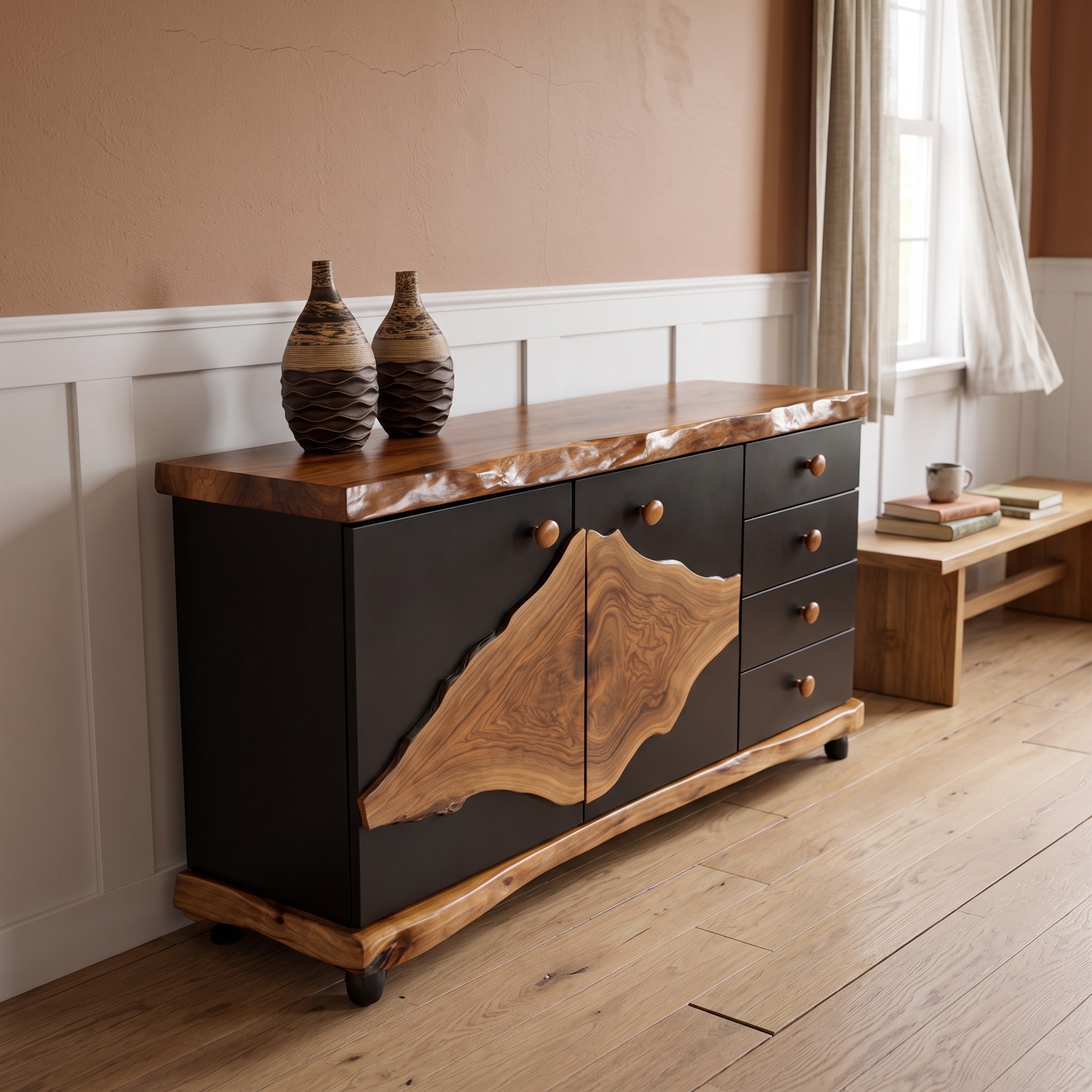 Rustic Live Edge Storage Cabinet Solid Wood Natural Slab Top Design Living Room and Entryway
