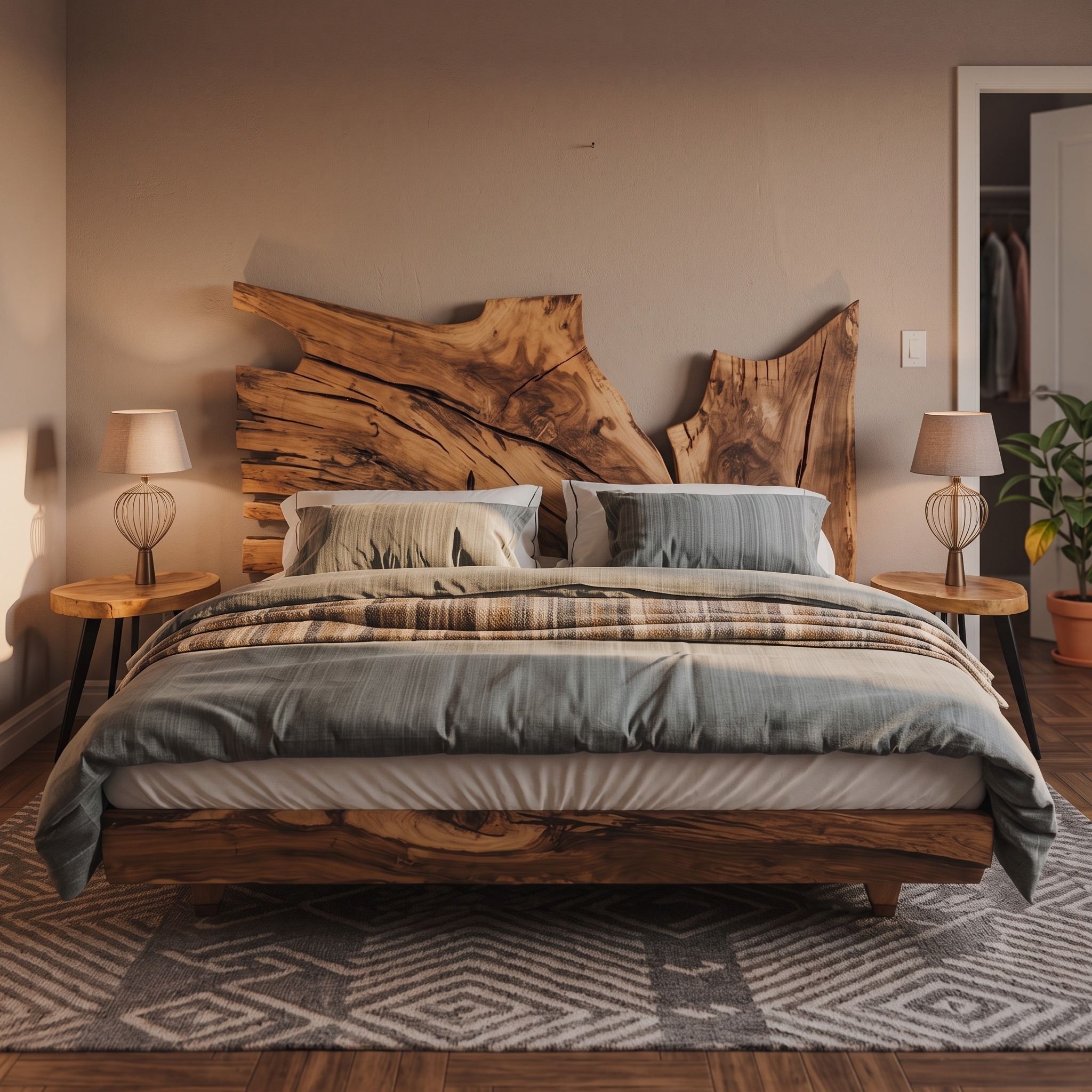 Rustic Live Edge Wood Bed Frame and Headboard for Bedroom
