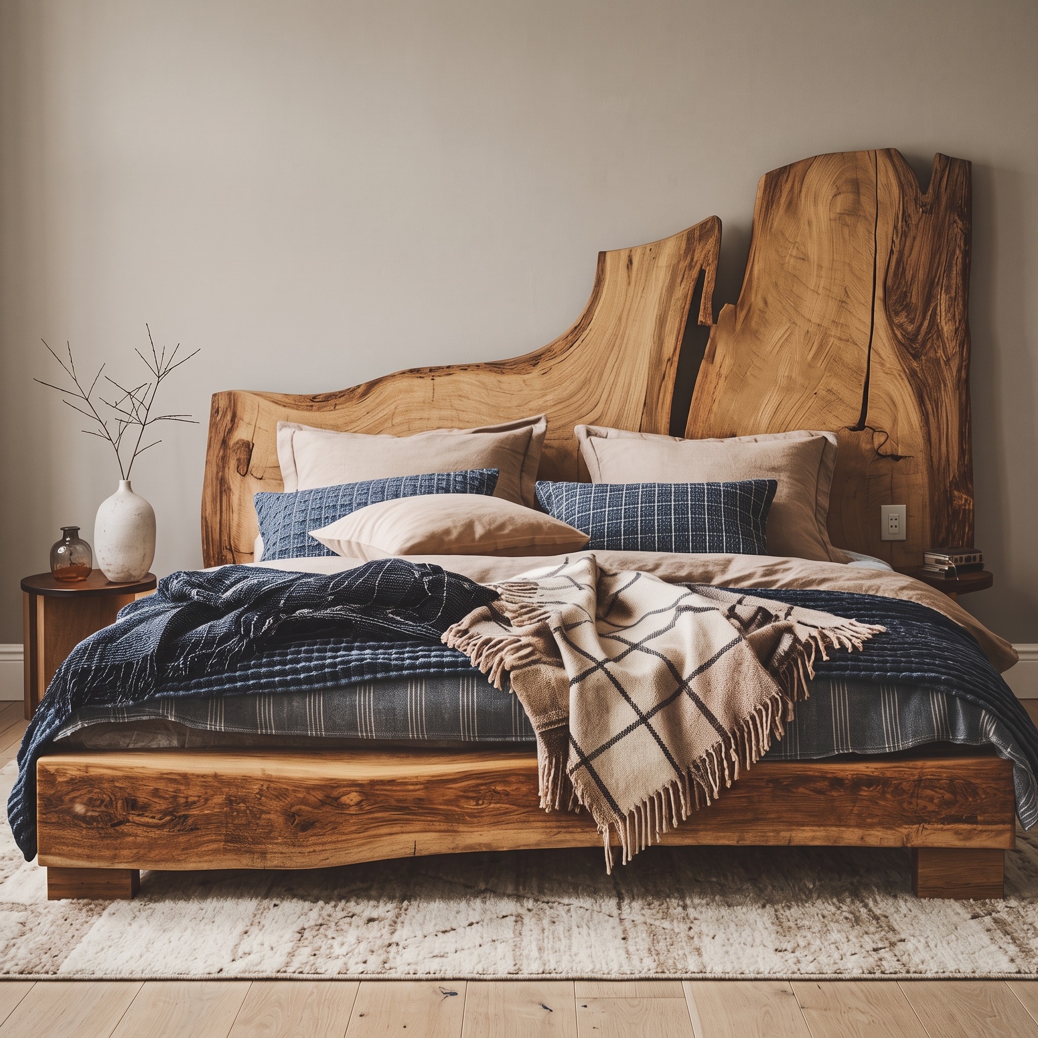 Rustic Live Edge Wooden Bed Frame and Headboard for Cozy Bedrooms