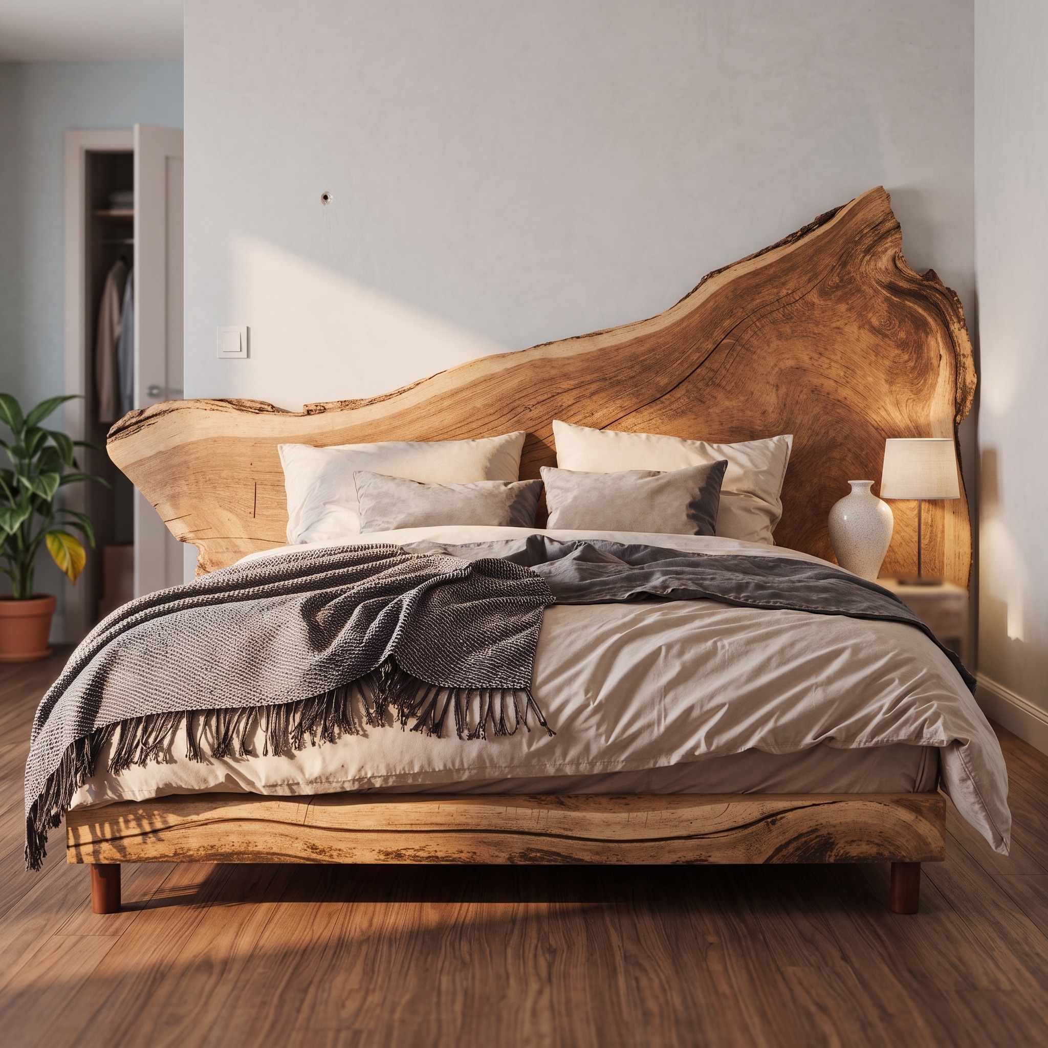 Rustic Live Edge Wooden Bed Frame and Headboard for Warm and Inviting Bedrooms