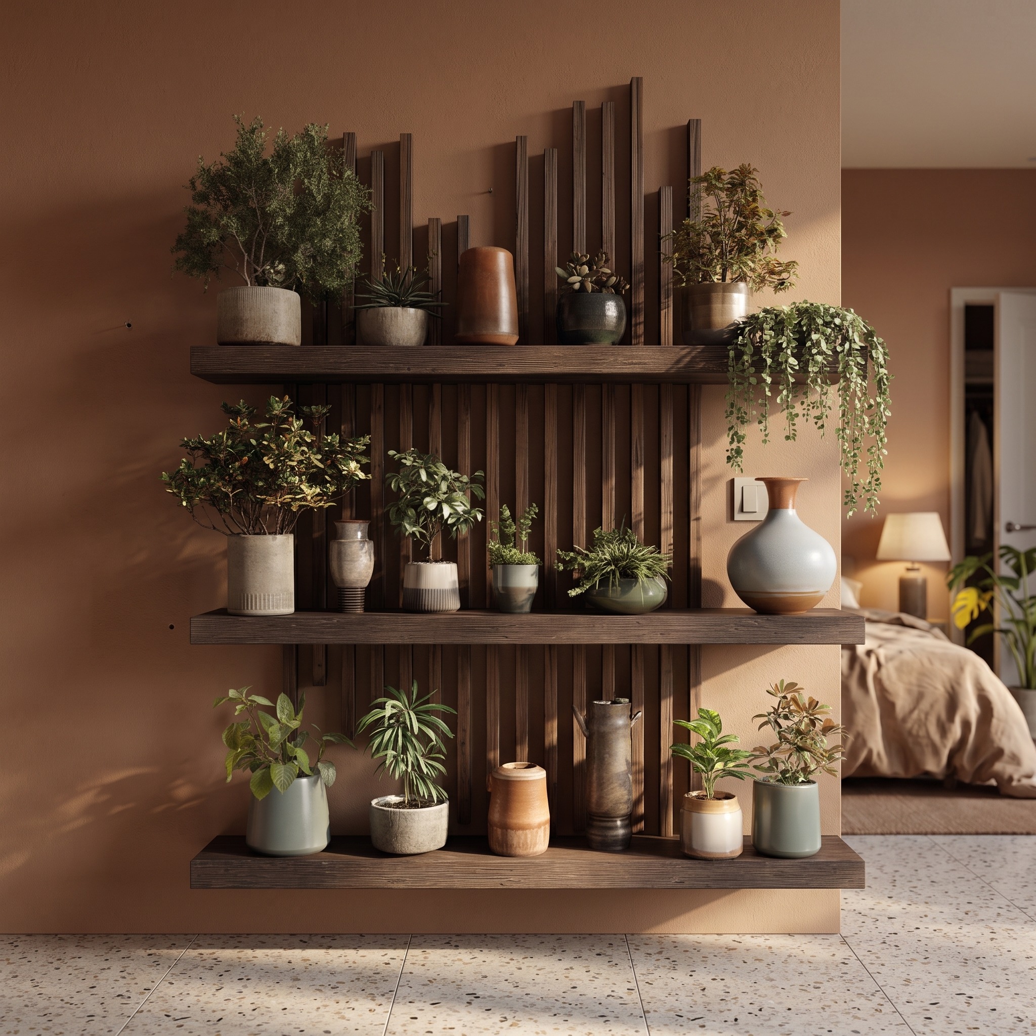Rustic Modern Wooden Wall Shelf Plant Display Decor