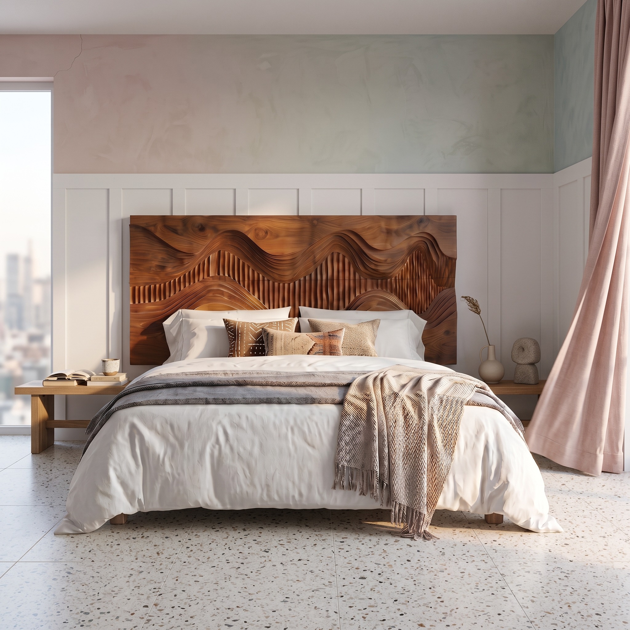 Rustic Mountain Landscape Headboard Wooden Bed Headboard for Bedroom