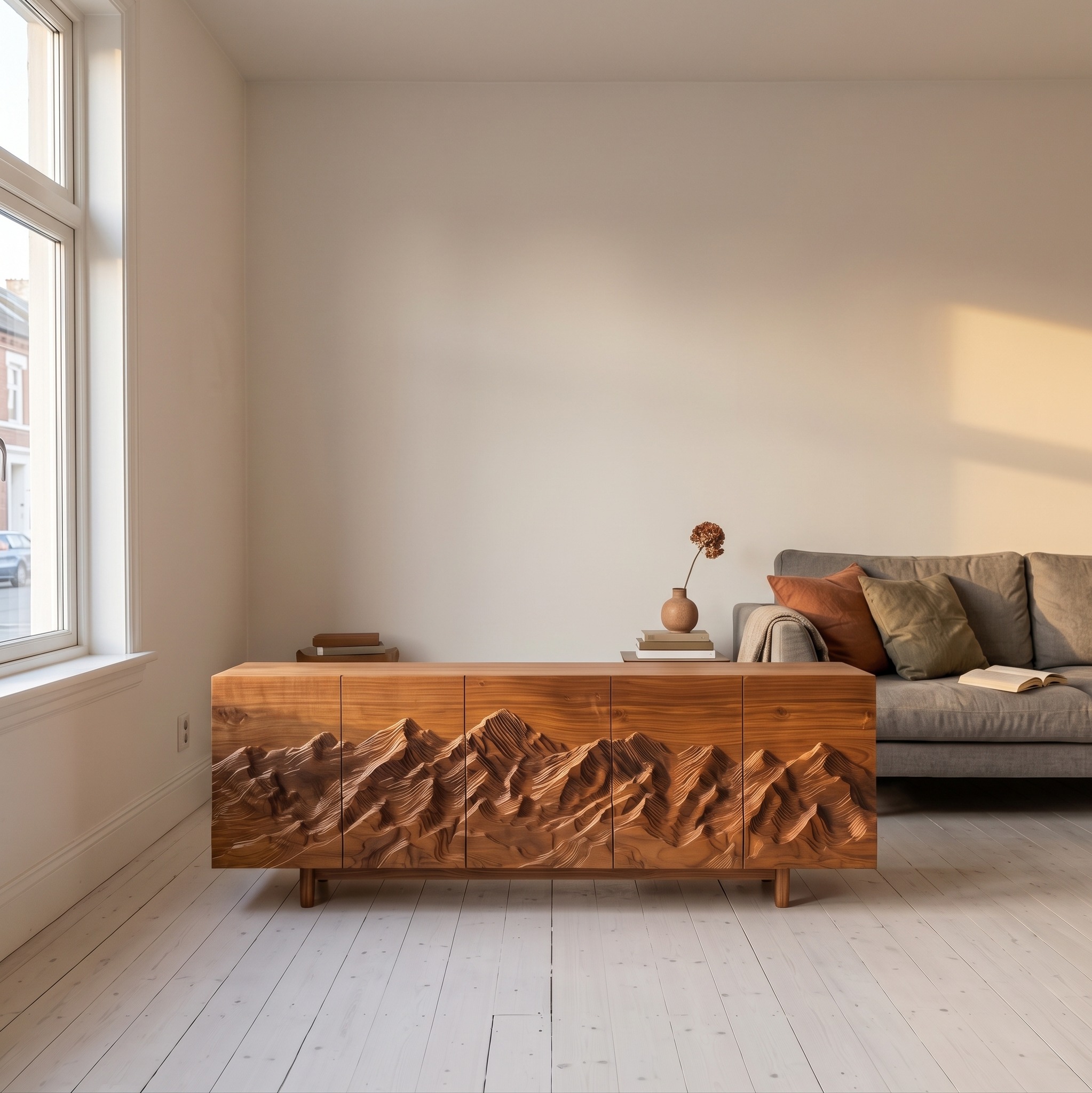 Rustic Mountain Sunrise Sideboard with Hand Carved Wood Doors for Living Room and Entryway