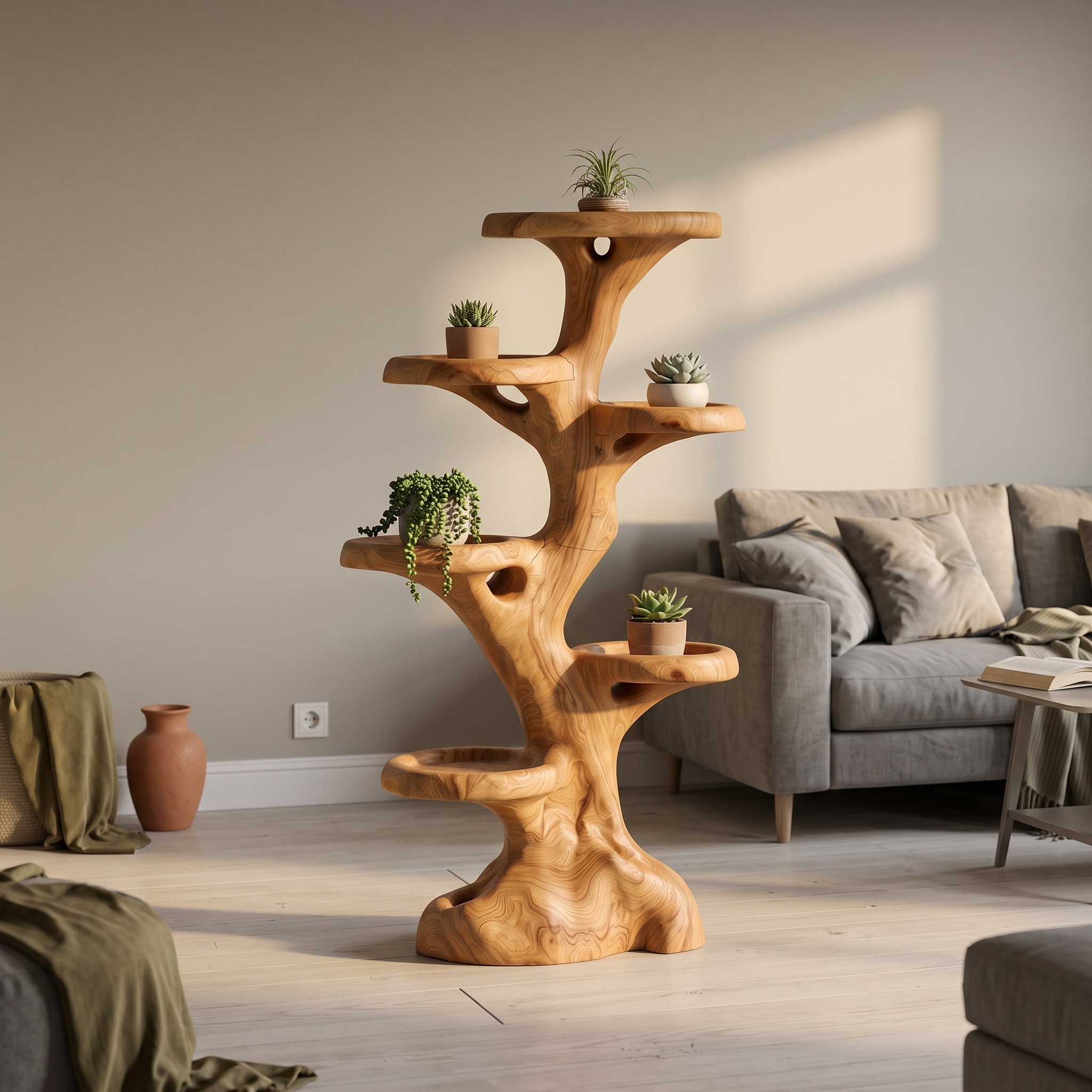 Rustic Multi Tier Plant Stand with Tree Stump Design for Patio and Sunroom