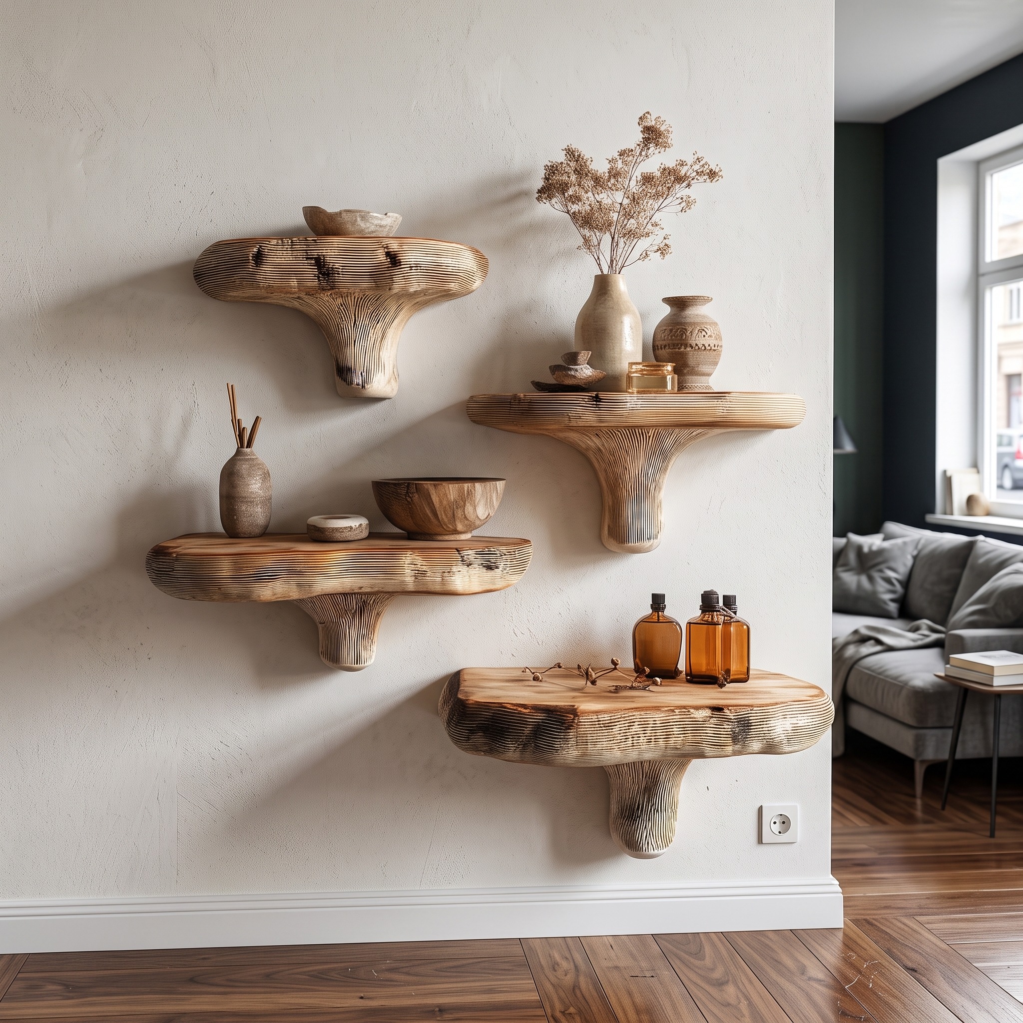 Rustic Mushroom Floating Shelf Living Room