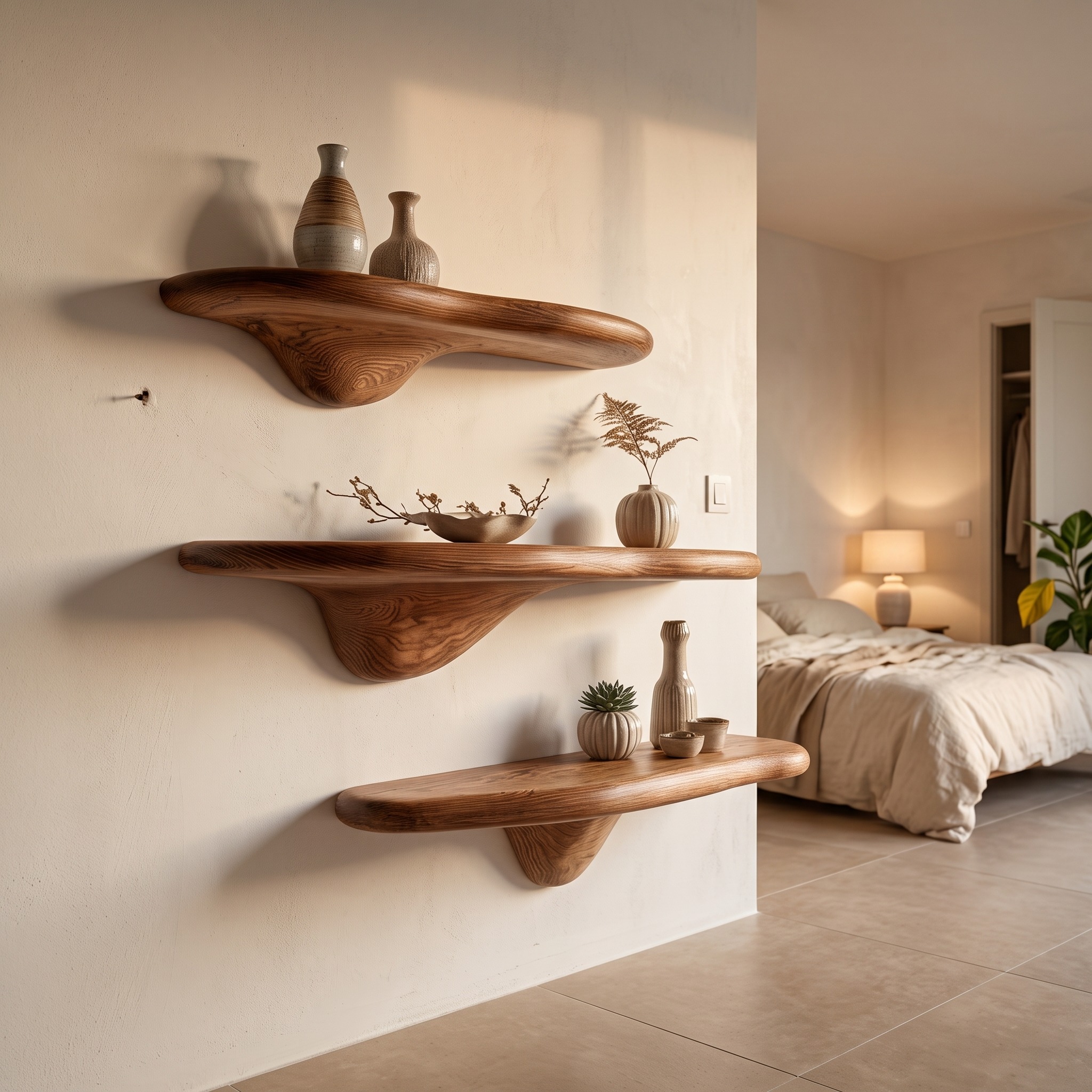 Rustic Mushroom Floating Shelves Bedroom