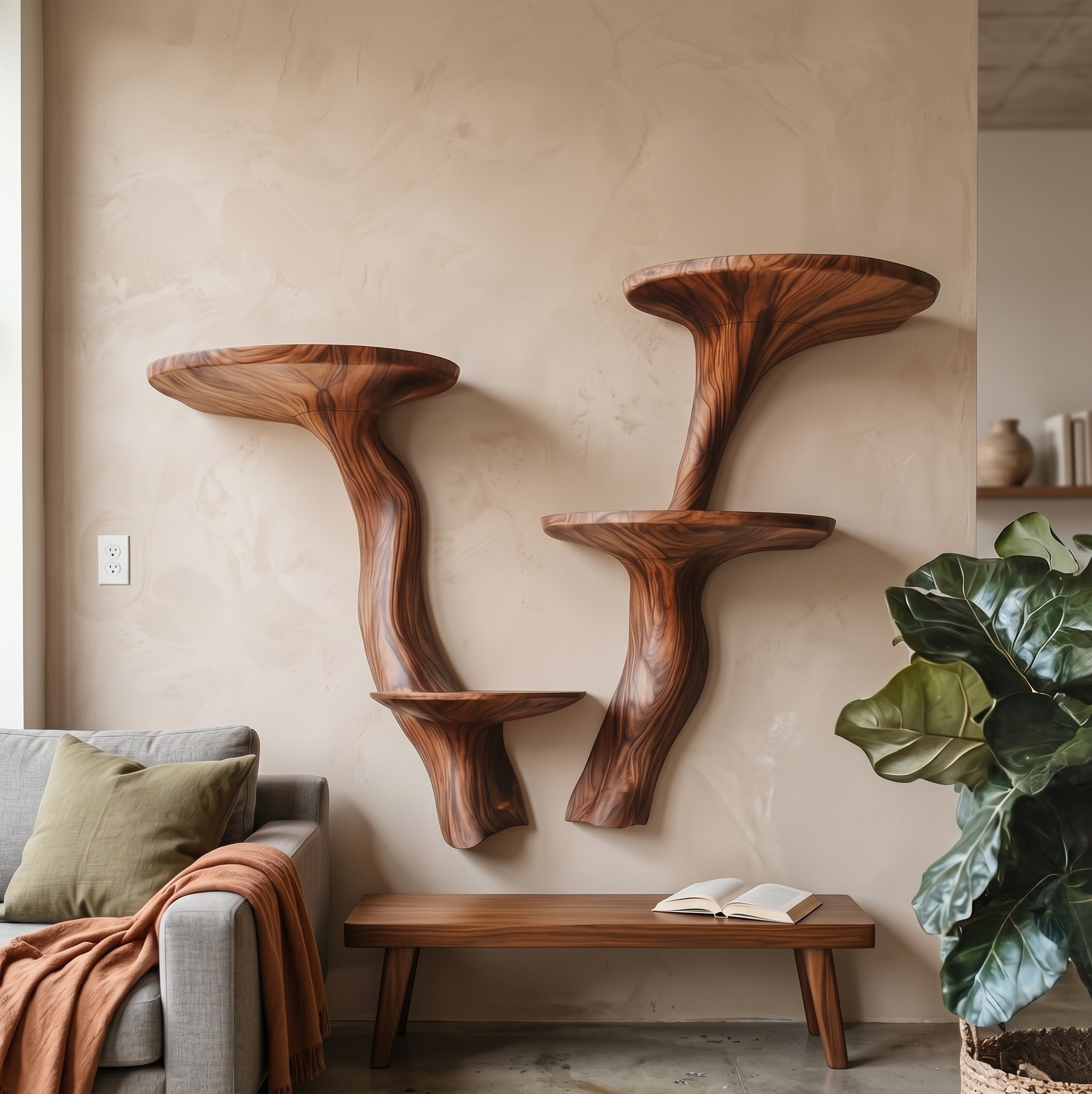 Rustic Mushroom Wall Shelf for Living Room and Hallway