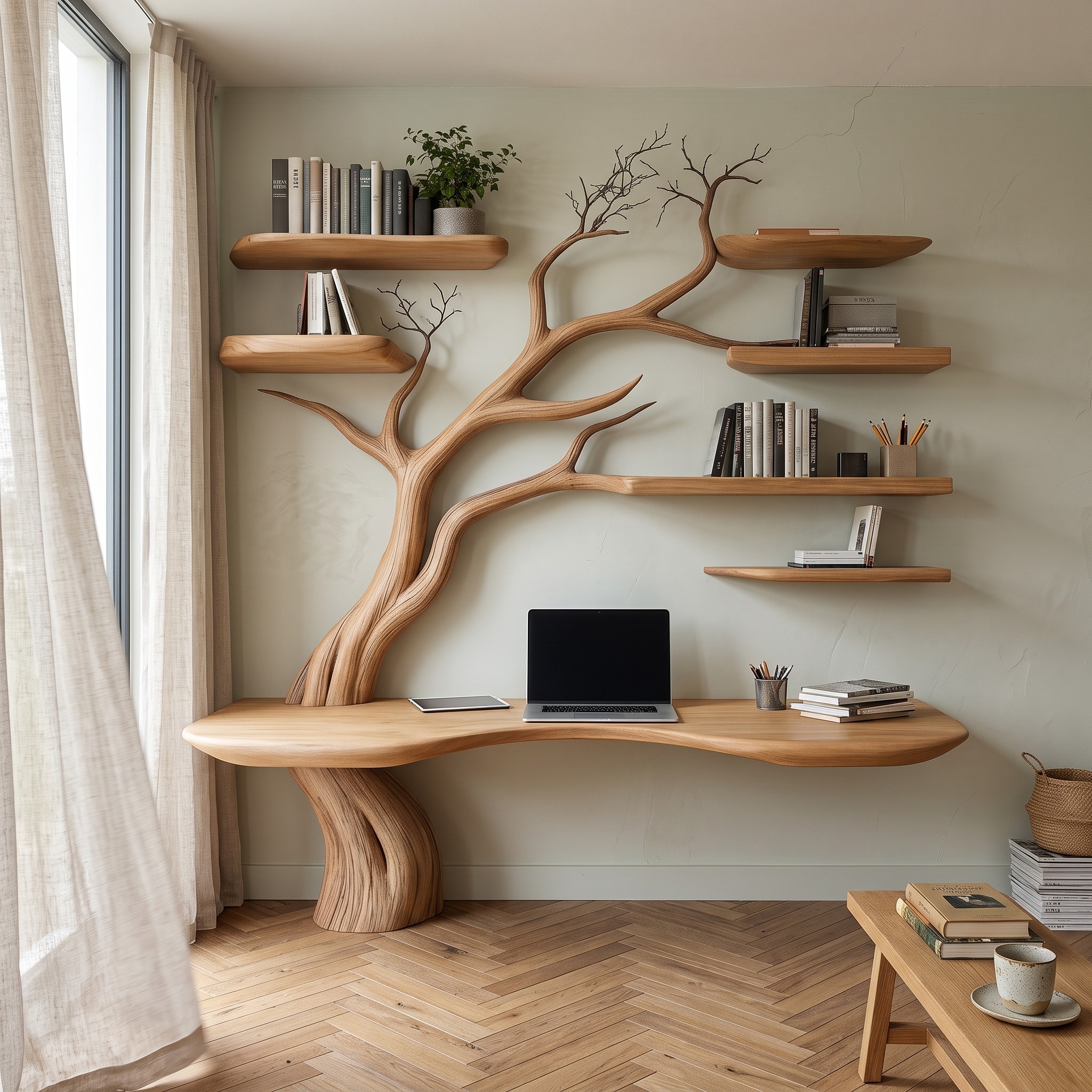 Rustic Narrow Floating Live Edge Side Table Tree Bookshelf Gift for Living Room