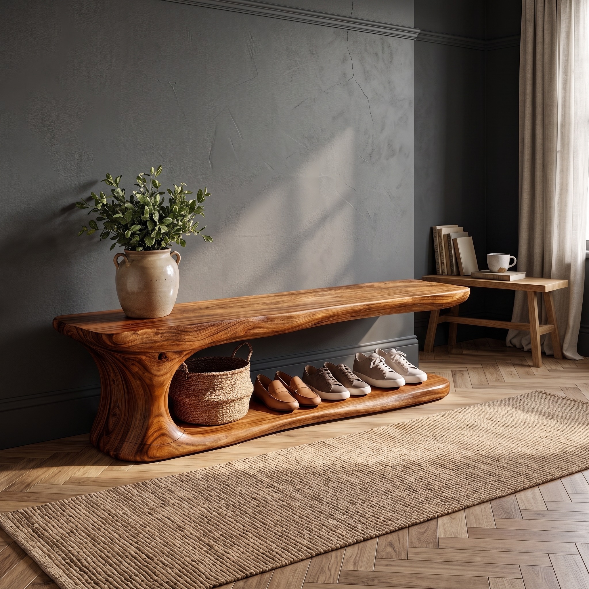 Rustic Natural Edge Wooden Shoe Bench Entry Hall