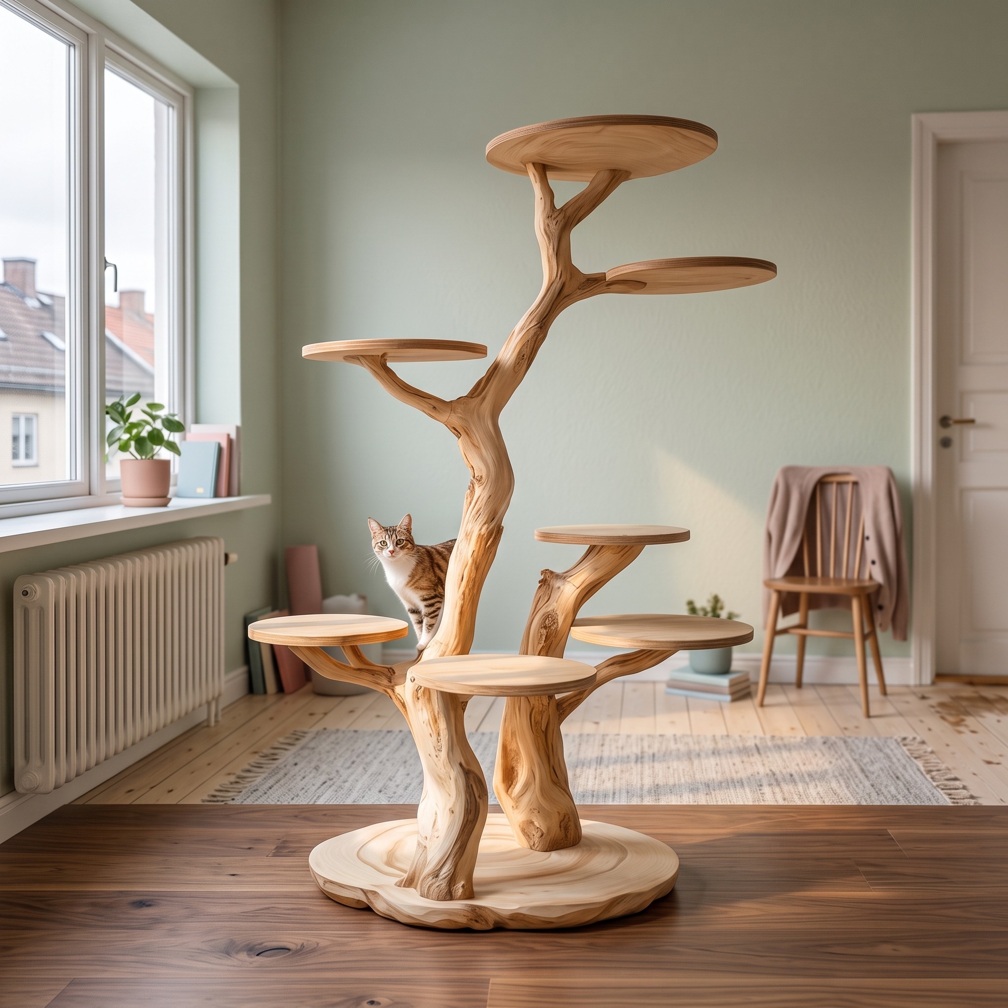 Rustic Natural Solid Wood Cat Tree Wooden Stand Naturally Gift Cat