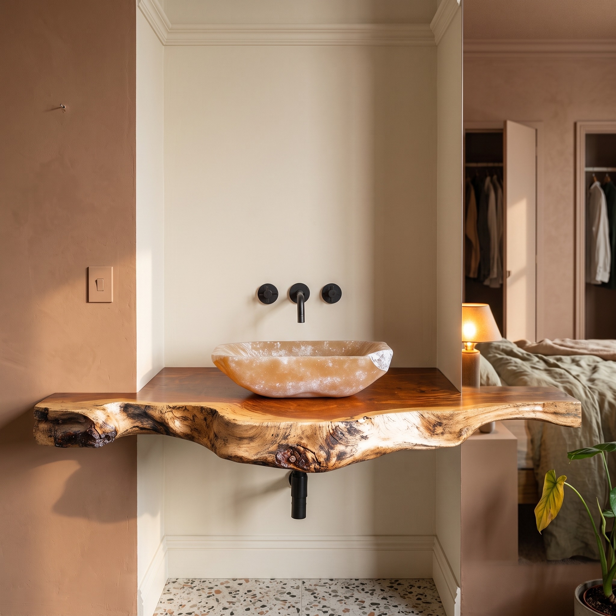 Rustic Natural Wood Floating Vanity Shelf for Warm Bathrooms