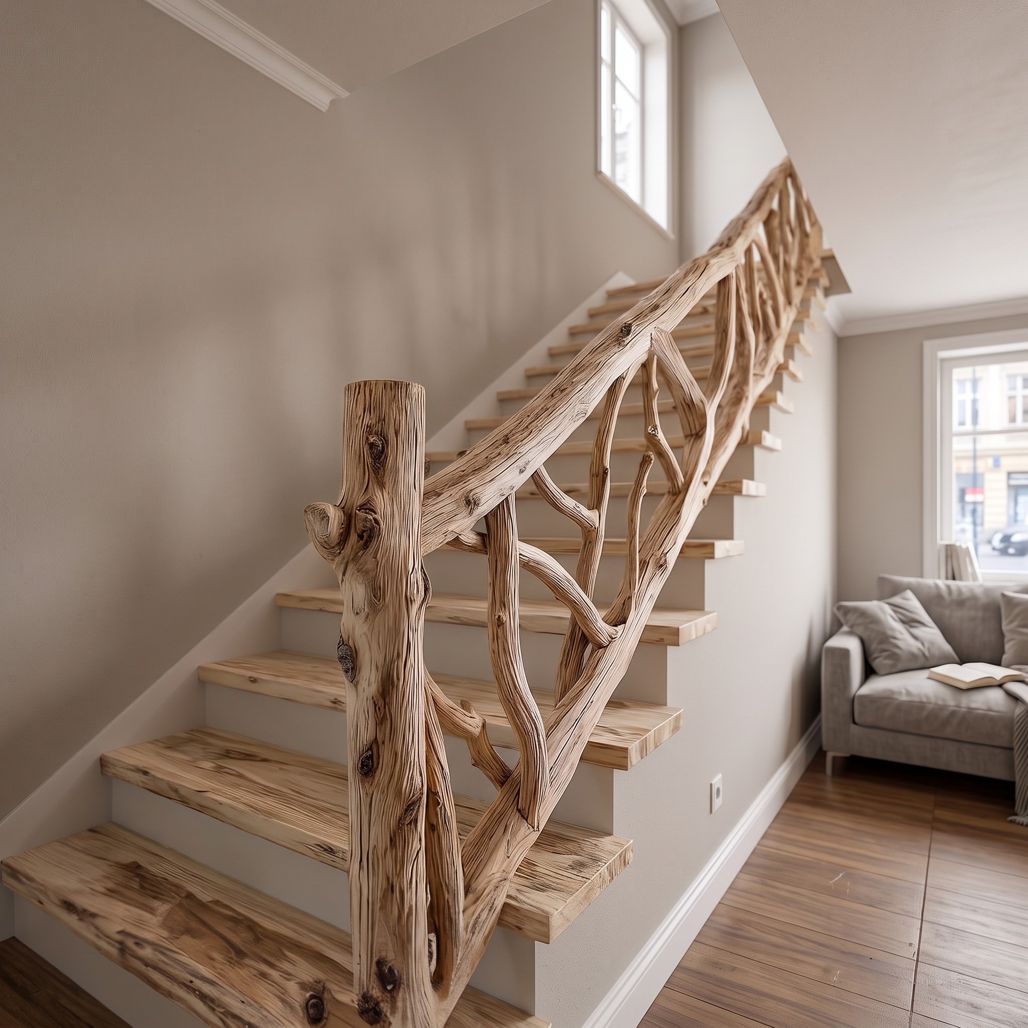 Rustic Natural Wood Staircase Railing Living Space