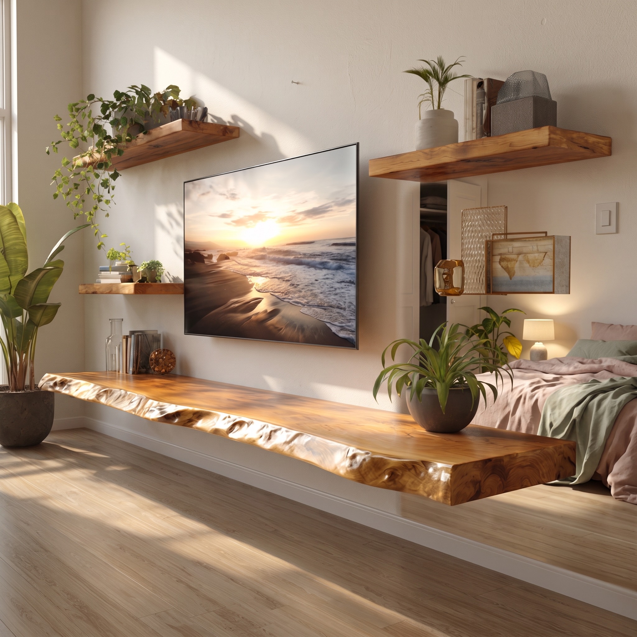 Rustic Organic Floating TV Shelf Solid Wood Living Room Interior Entertainment Display