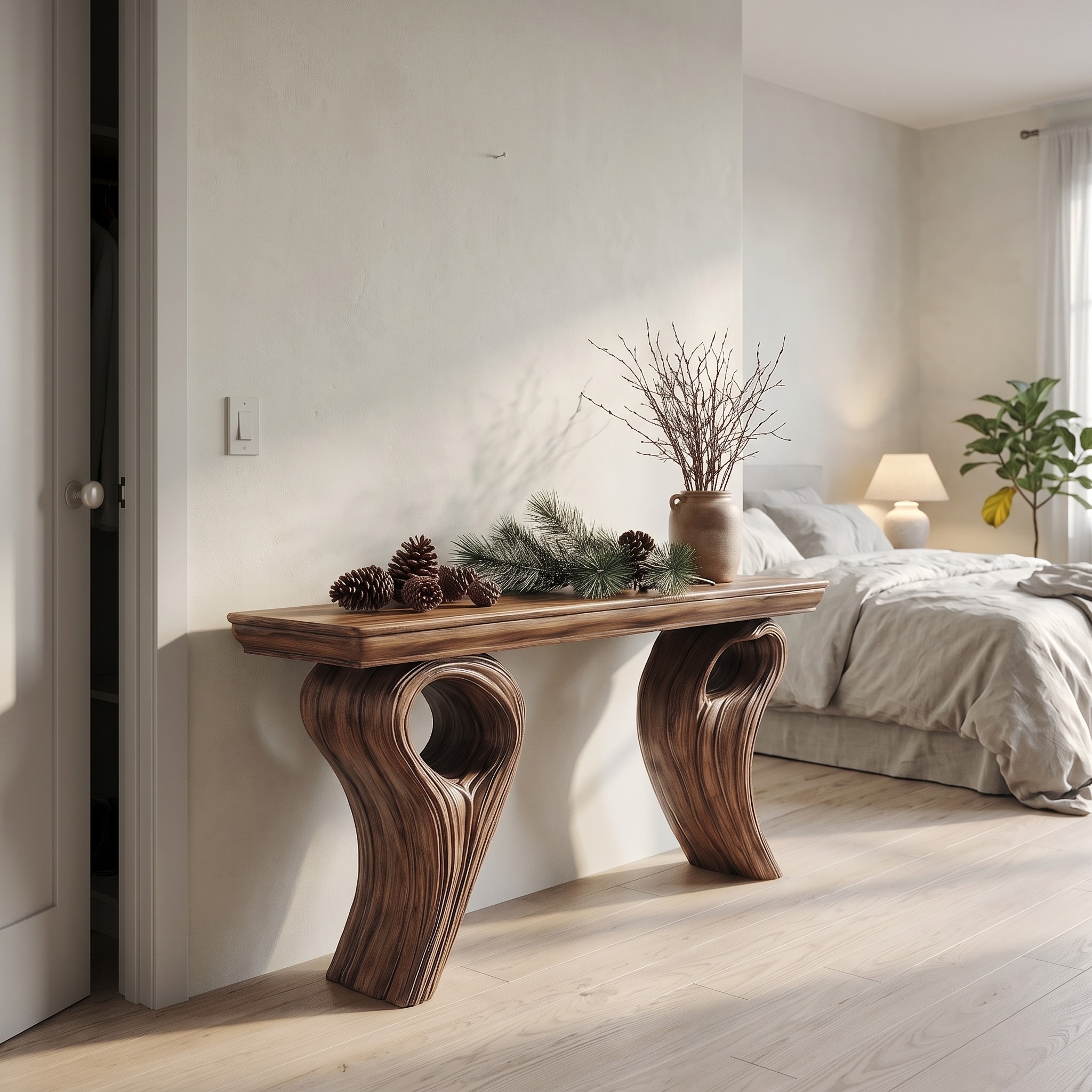 Rustic Organic Storage Console Table with Tree Inspired Base for Hallway and Living Room
