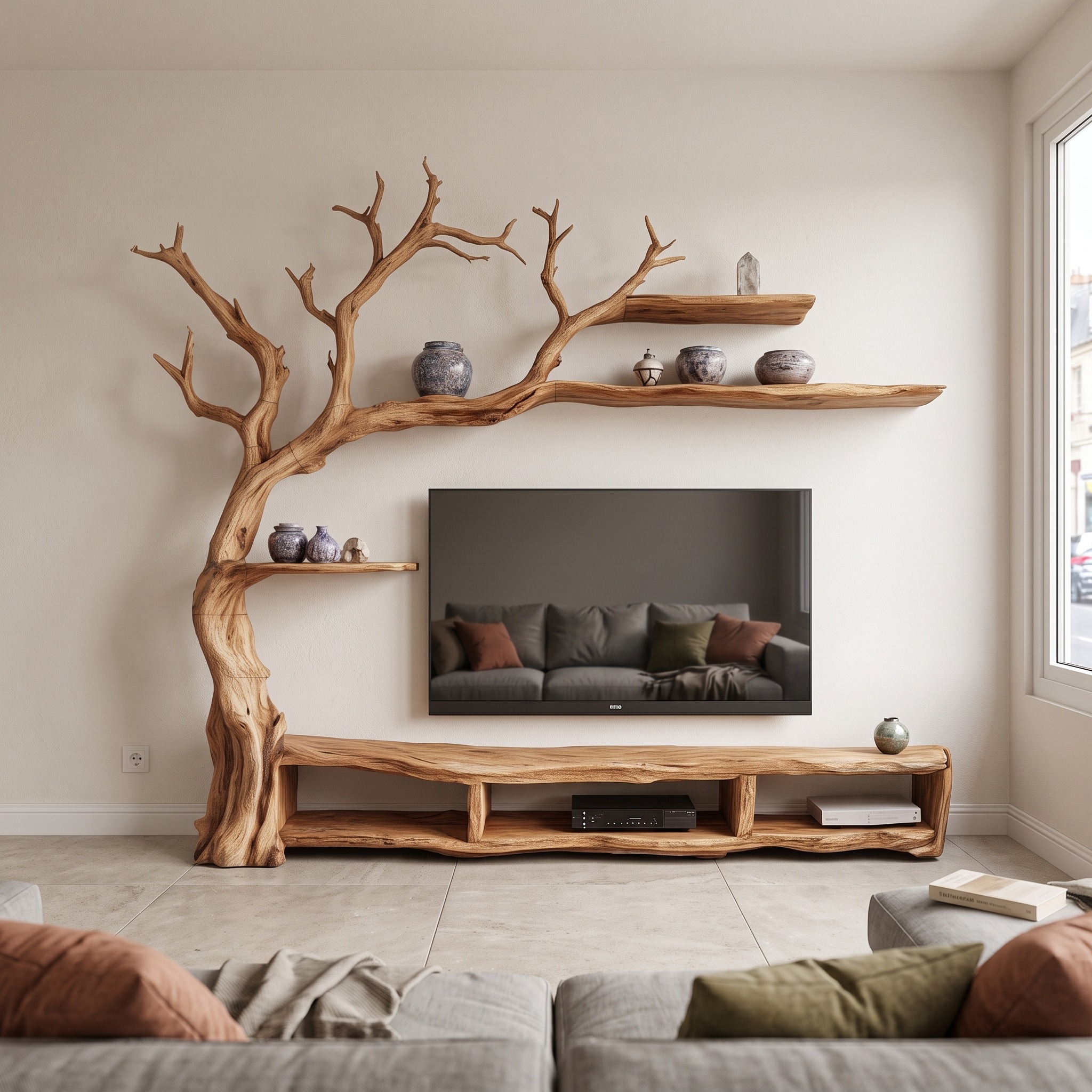 Rustic Organic Tree Branch TV Shelf Contemporary Home