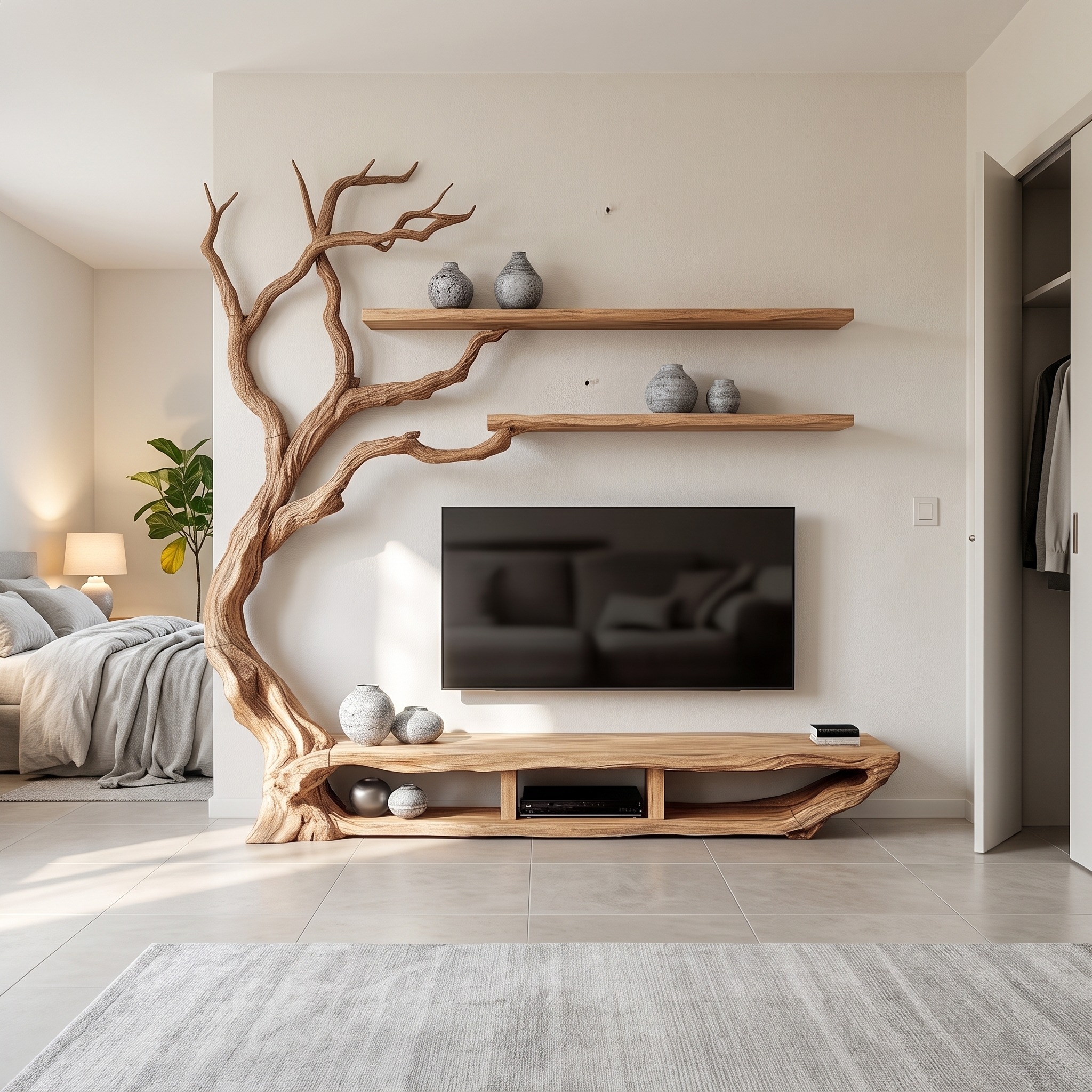 Rustic Organic Tree TV Stand Modern Living Room