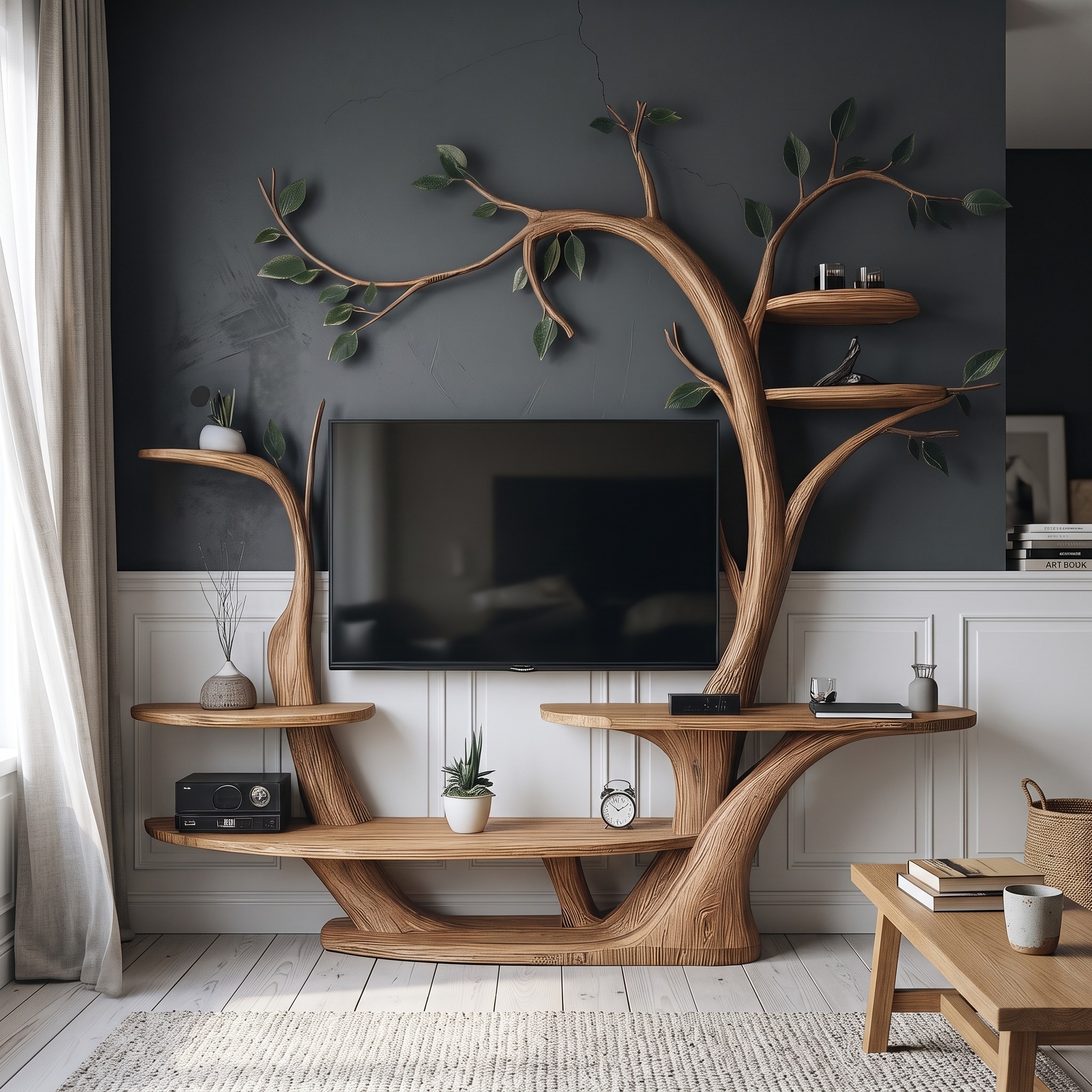 Rustic Organic Tree TV Wall Shelf Warm Home