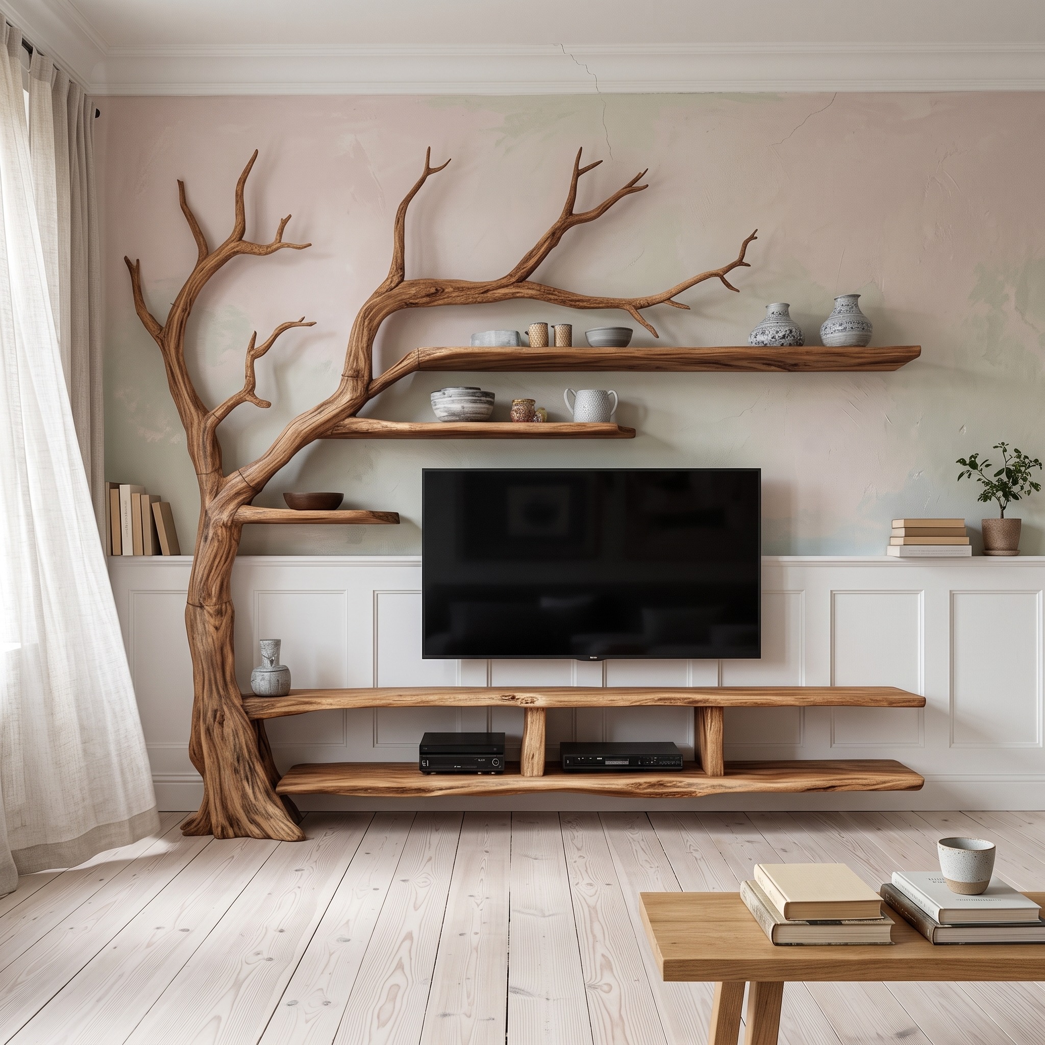 Rustic Organic Tree Wall TV Shelf Modern Home
