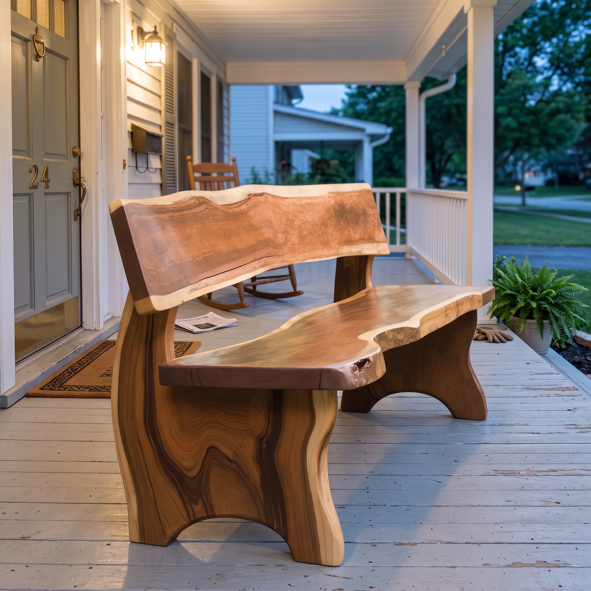 Rustic Outdoor Bench with Backrest Live Edge for Garden Porch and Patio