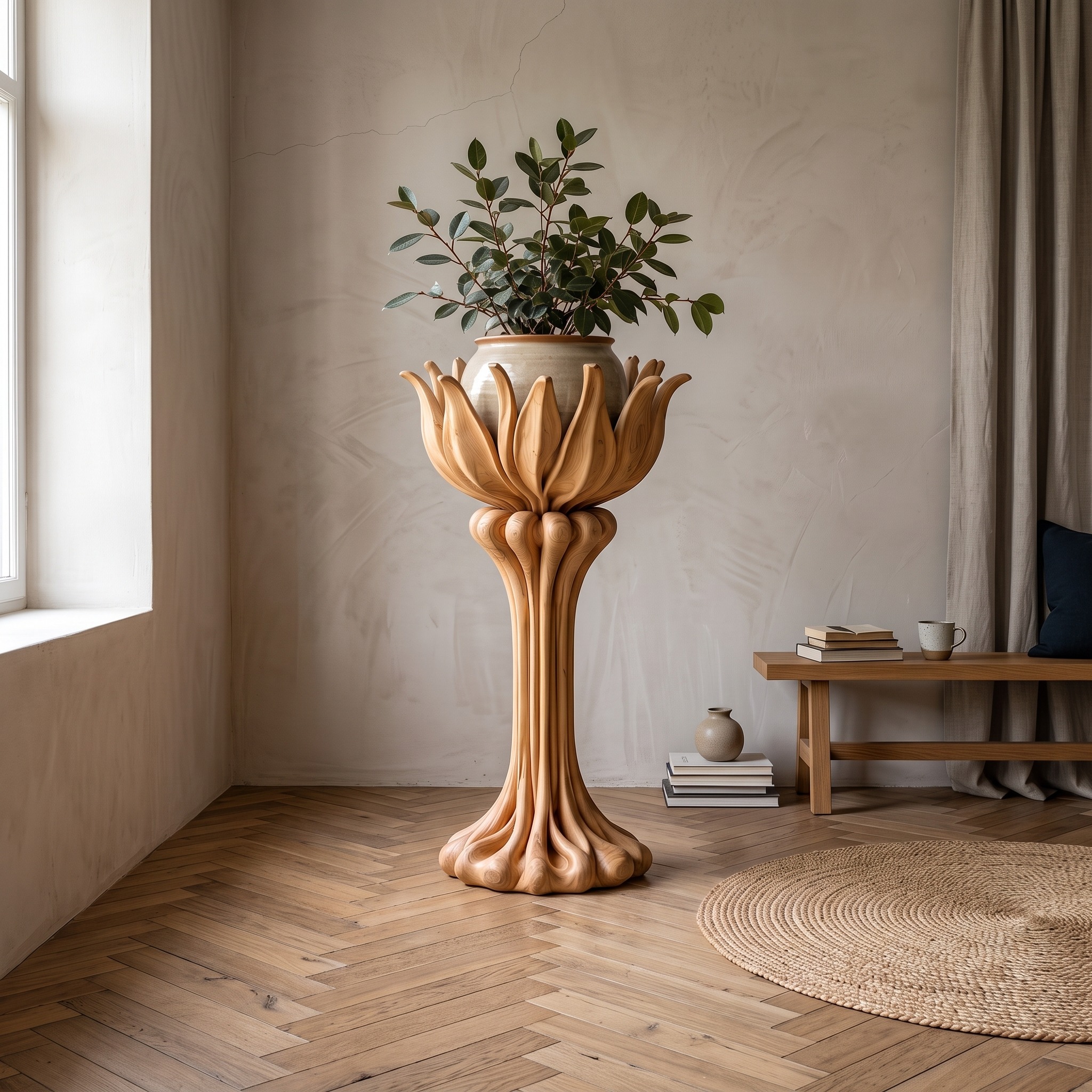 Rustic Plant Display Stand with Tree Trunk Design for Living Room and Patio