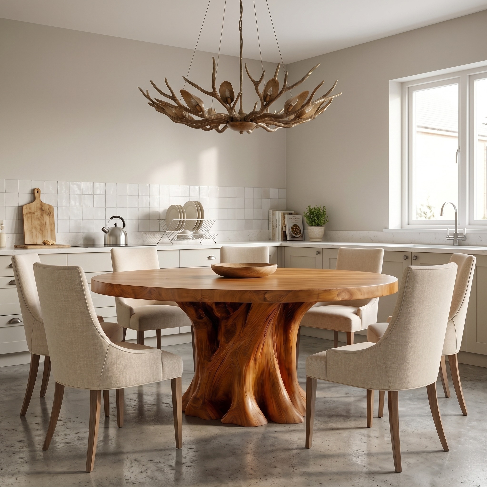 Rustic Round Dining Table with Solid Wood Sculptural Base for Dining Room