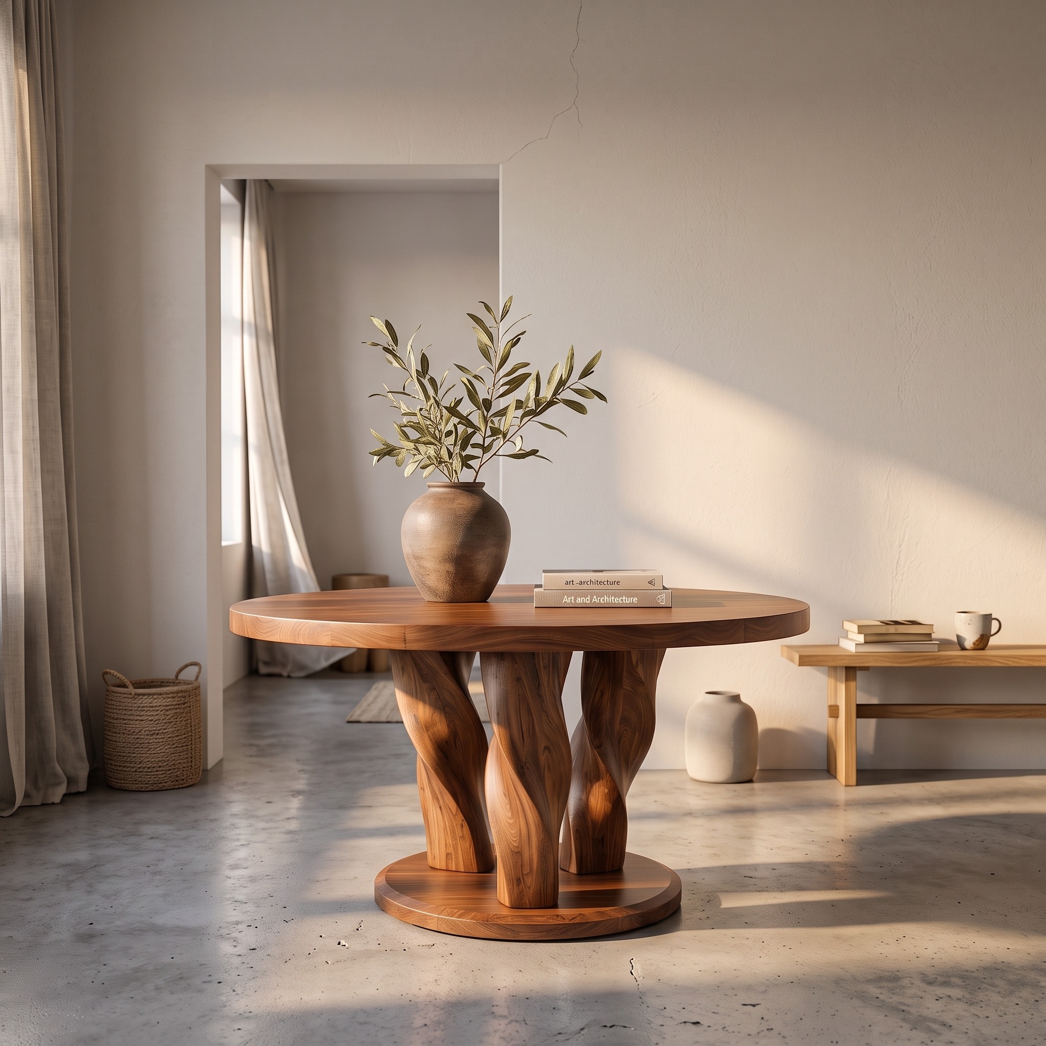 Rustic Round Entryway Table with Twisted Tree Inspired Design for Foyer and Entryway