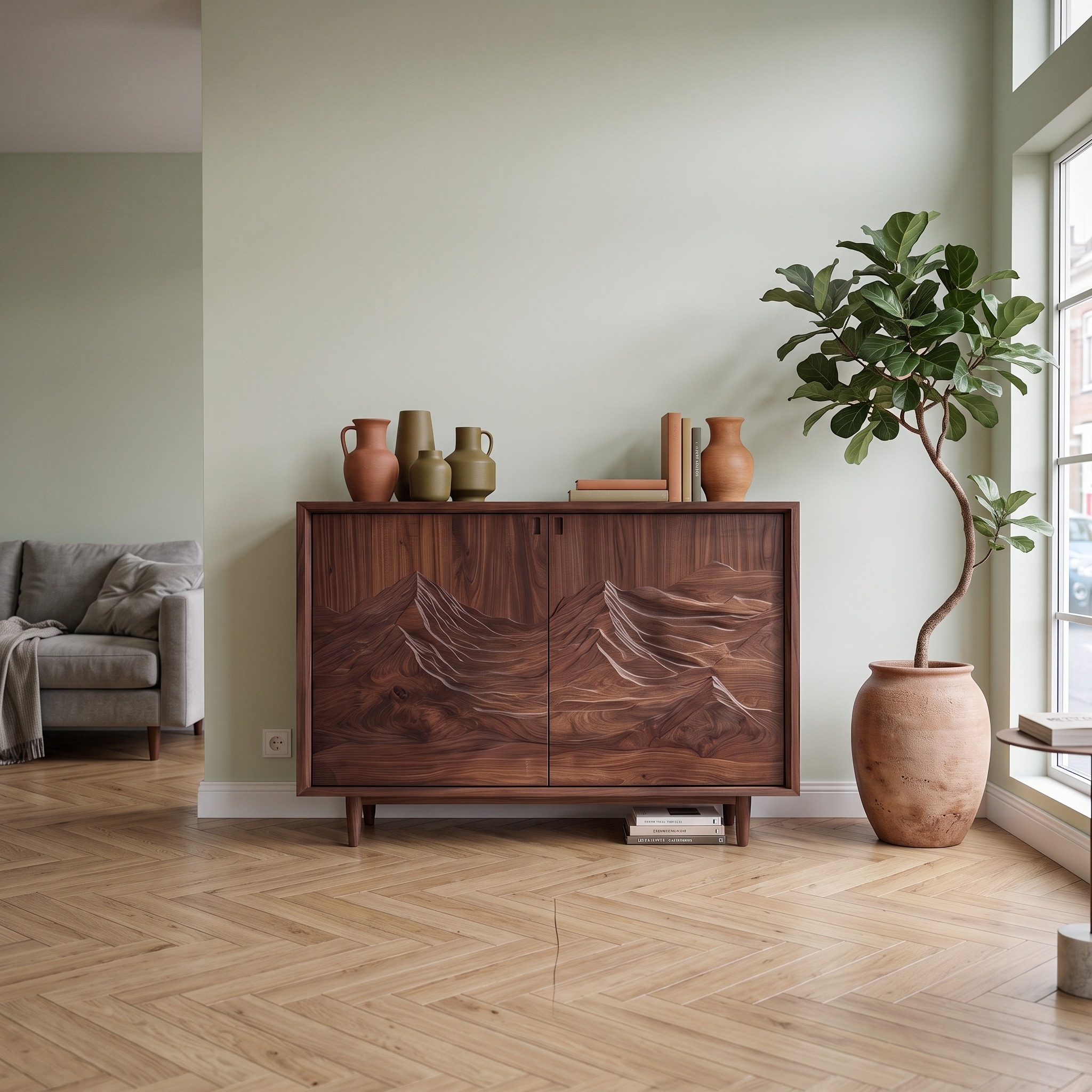 Rustic Sculptural Artistic Cabinet for Living Room and Interior Space